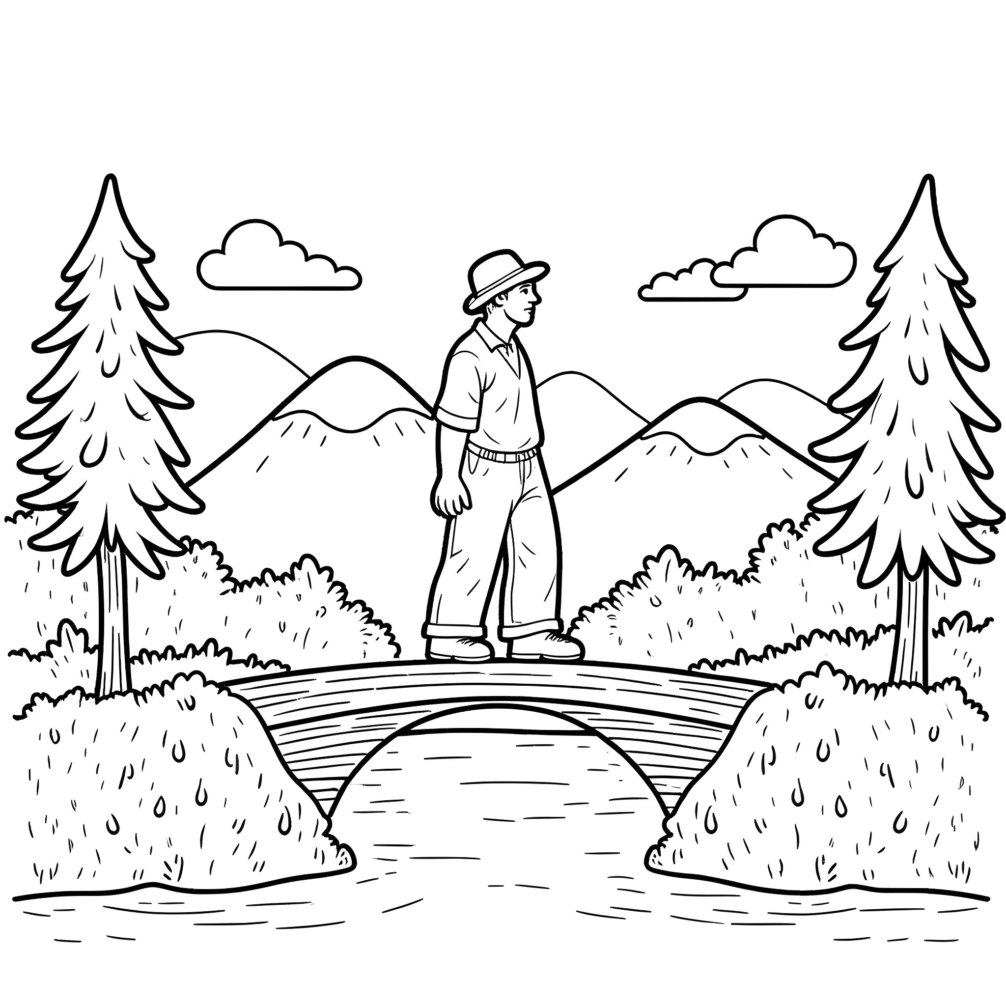 Farmer standing on a wooden bridge in the countryside Coloring Page (free black-and-white line drawing printable PDF for all, from beginners to advanced learners, including children, teens, adults, and seniors)