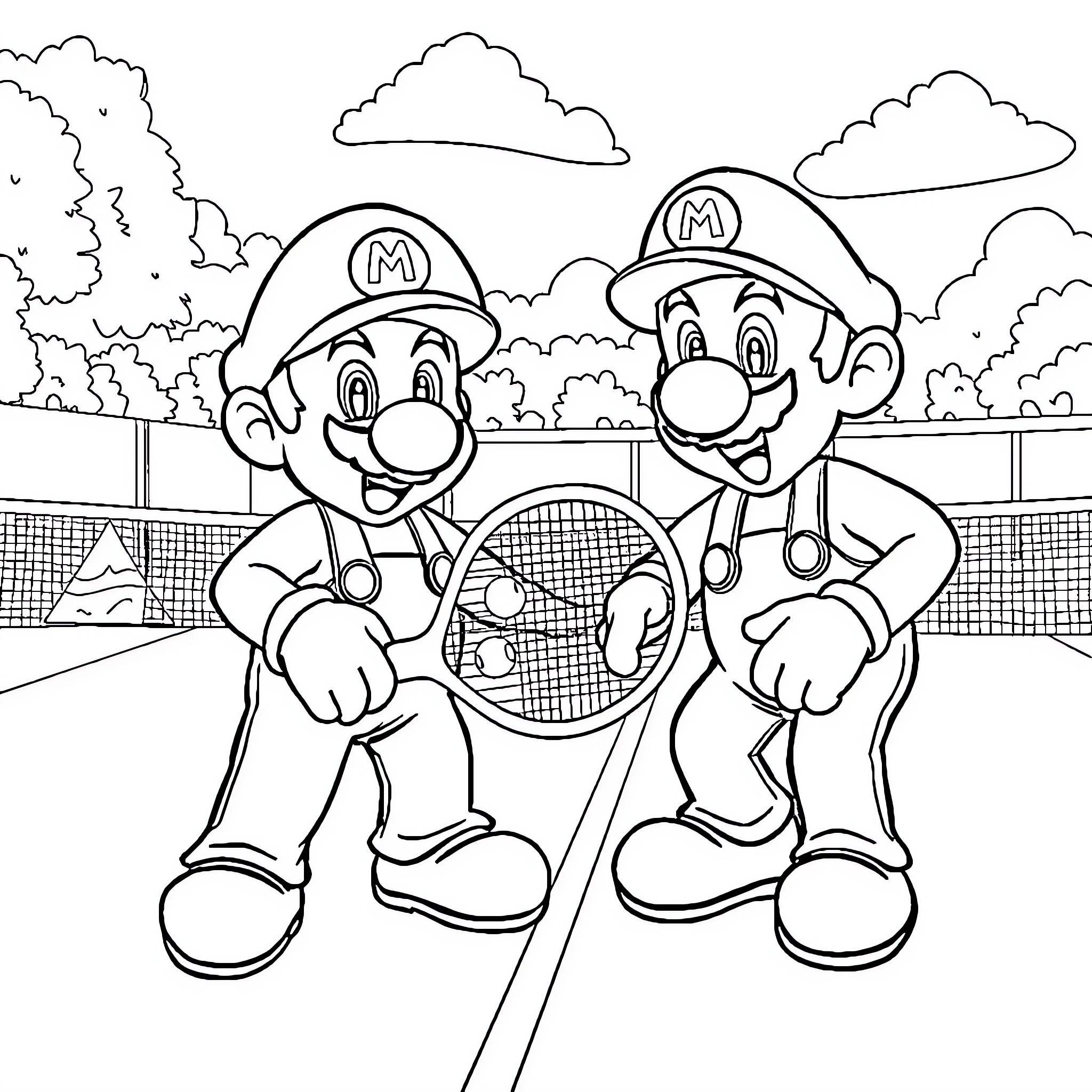 Mario and Luigi playing tennis together Coloring Page (free black-and-white line drawing printable PDF for all, from beginners to advanced learners, including children, teens, adults, and seniors)