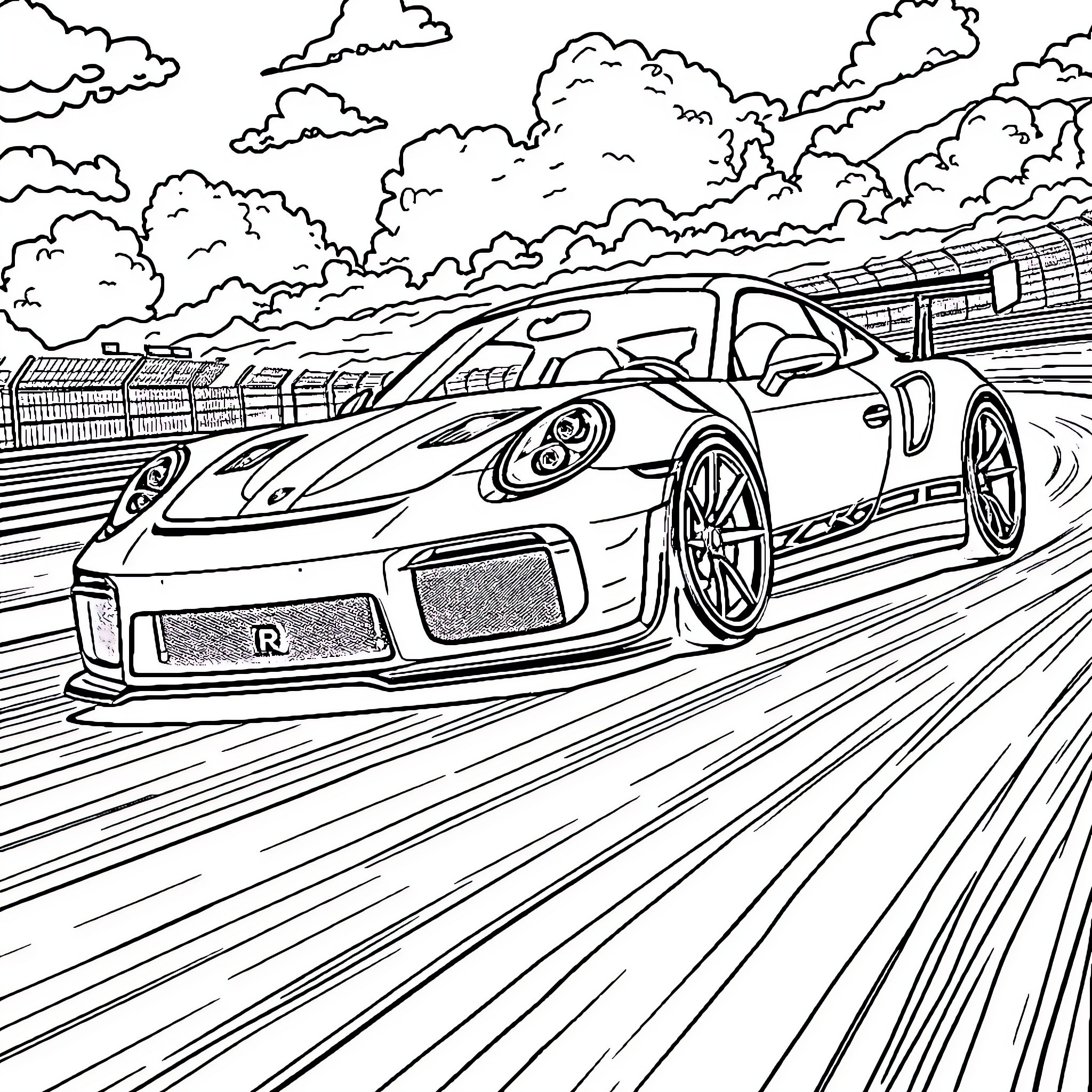 Porsche sports car speeding on racetrack Coloring Page (free black-and-white line drawing printable PDF for all, from beginners to advanced learners, including children, teens, adults, and seniors)