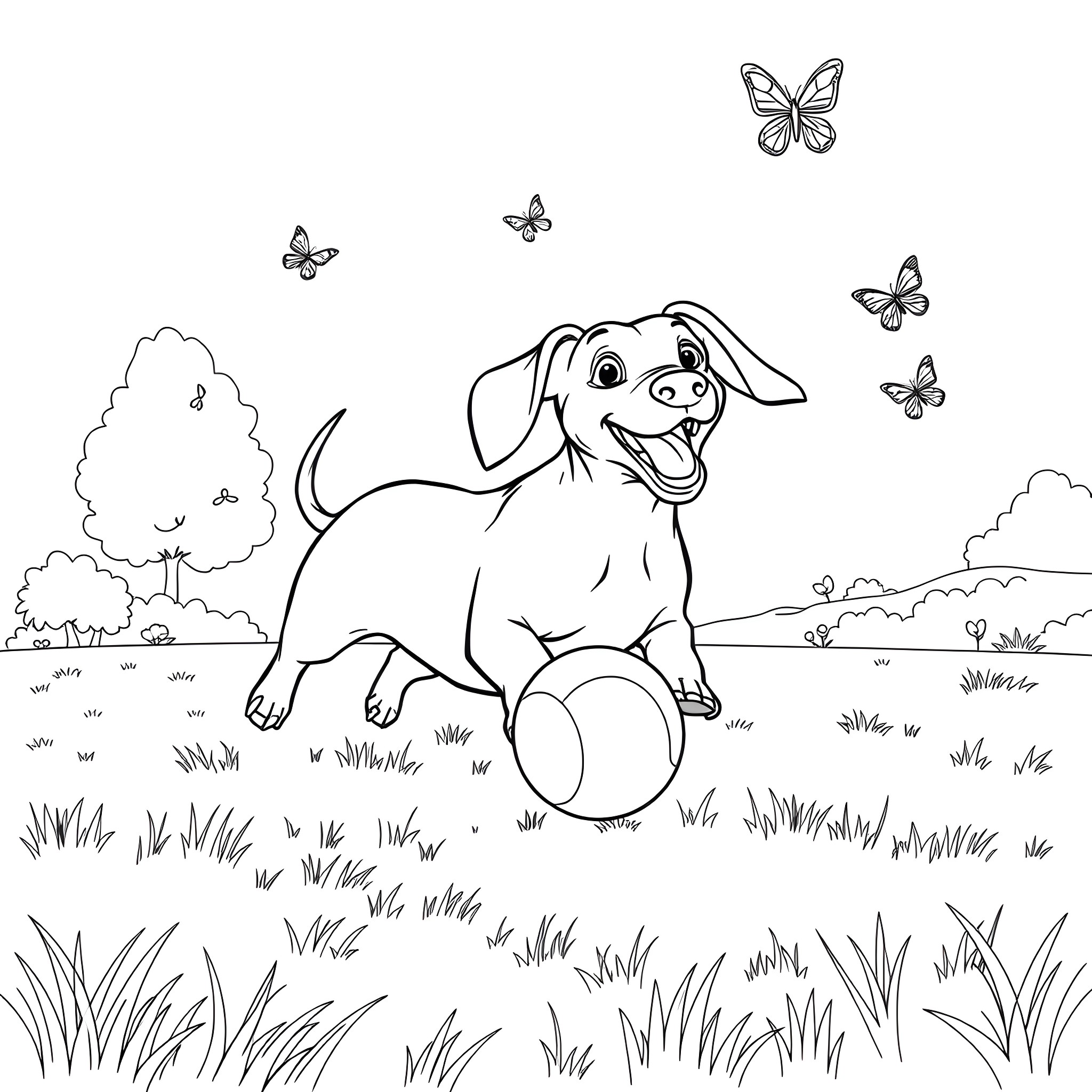 Dachshund playing happily with butterflies in the park Coloring Page (free black-and-white line drawing printable PDF for all, from beginners to advanced learners, including children, teens, adults, and seniors)