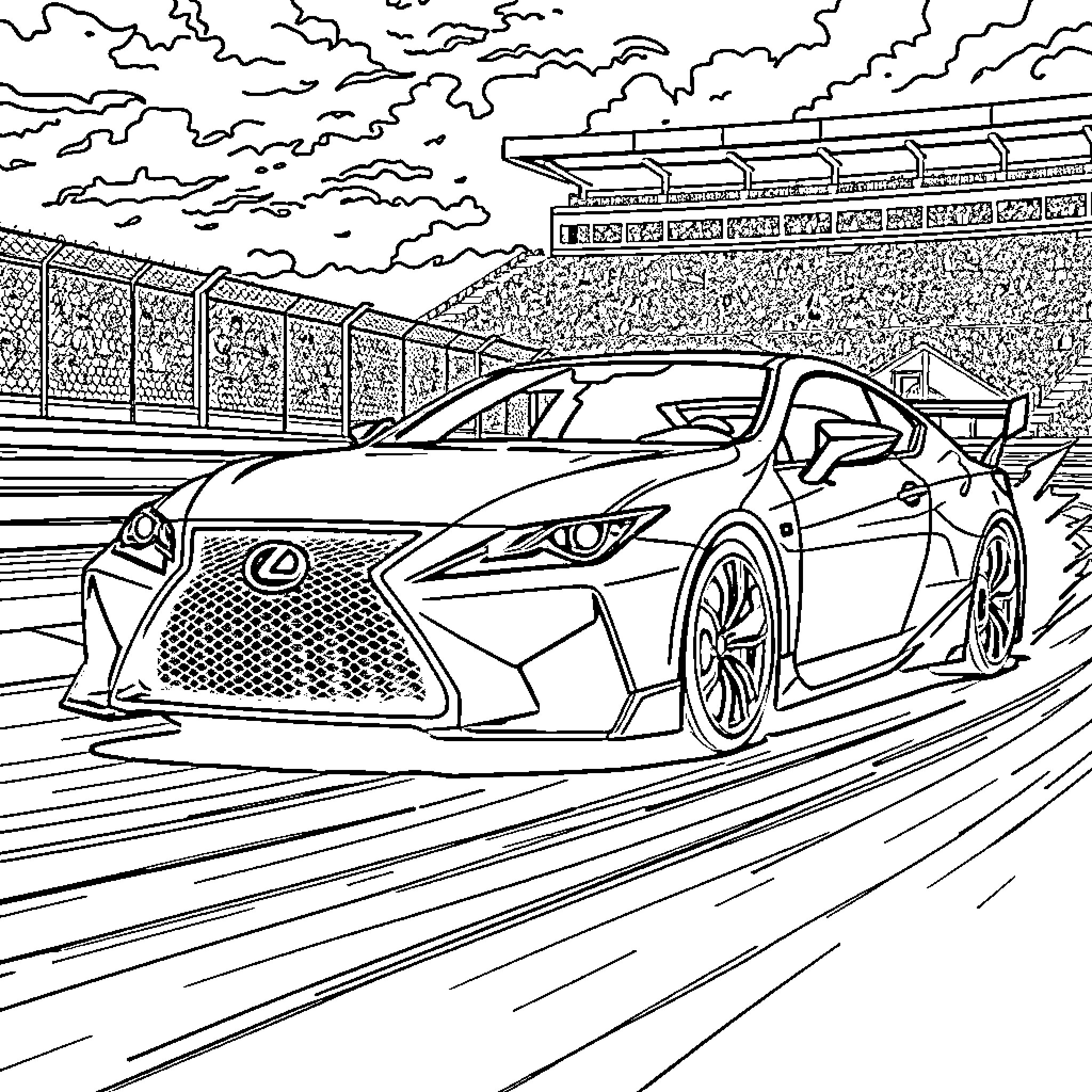 Lexus sports car in racing stadium Coloring Page (free black-and-white line drawing printable PDF for all, from beginners to advanced learners, including children, teens, adults, and seniors)