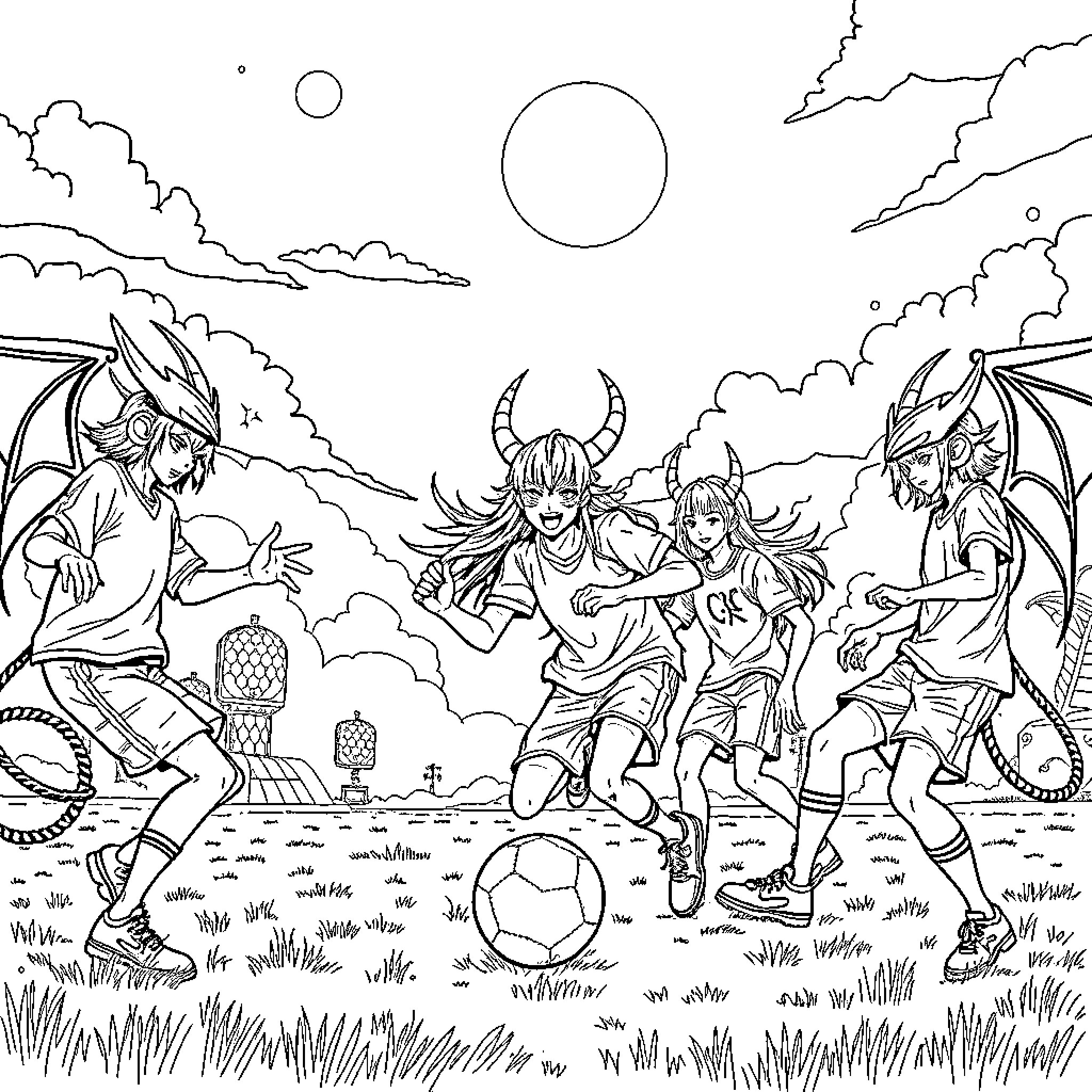 Demon Hunters in Fierce Combat Under the Moonlit Sky Coloring Page (free black-and-white line drawing printable PDF for all, from beginners to advanced learners, including children, teens, adults, and seniors)
