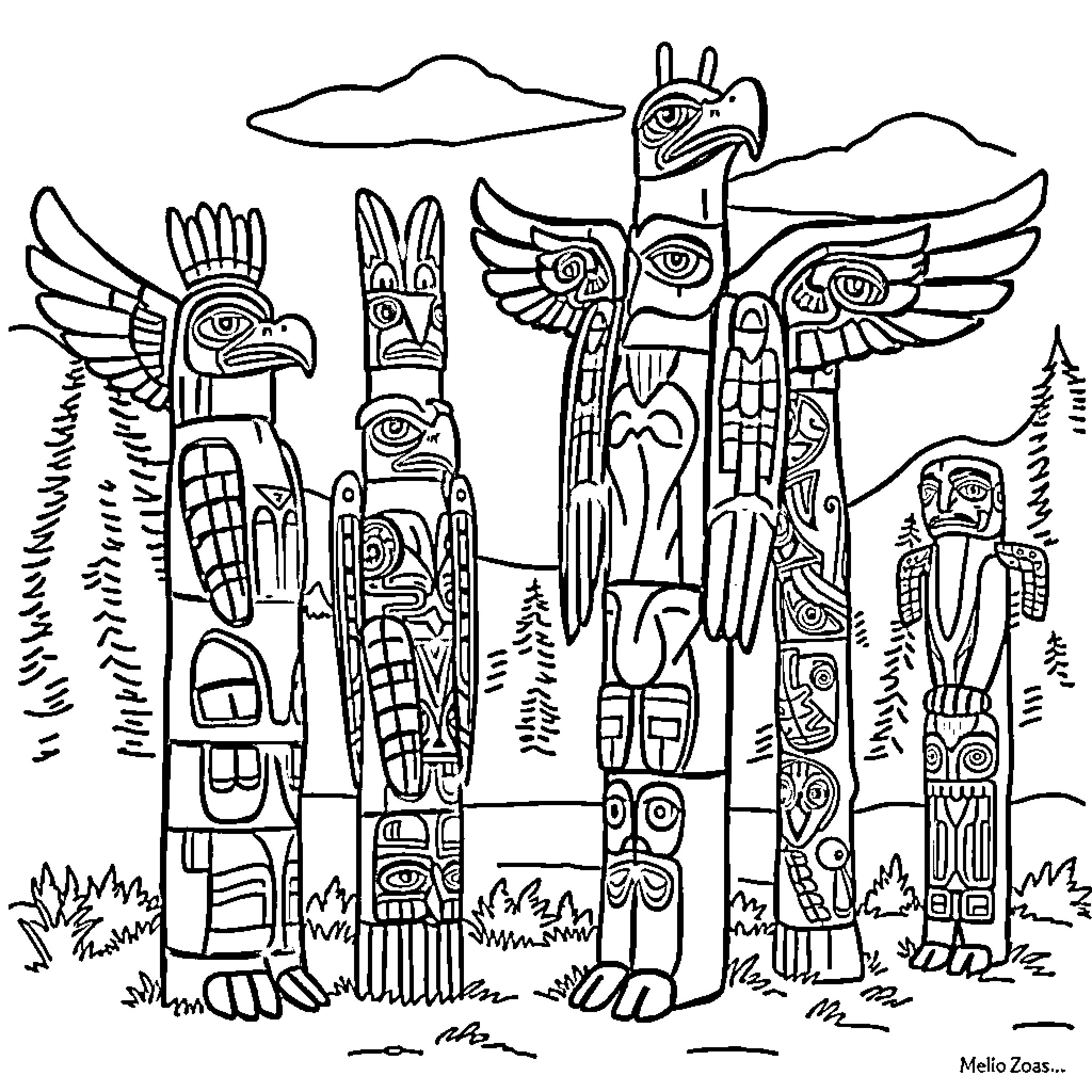 Northwest Coast Art depicting traditional totem poles and symbols Coloring Page (free black-and-white line drawing printable PDF for all, from beginners to advanced learners, including children, teens, adults, and seniors)