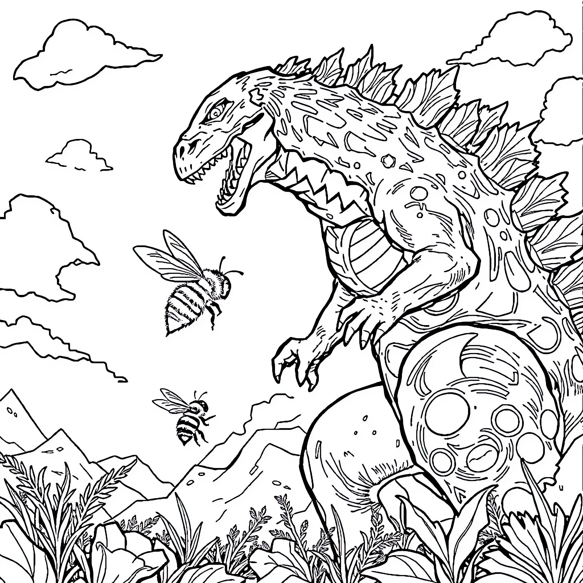 Bumble Bee's Encounter with a Fierce Creature Coloring Page (free black-and-white line drawing printable PDF for all, from beginners to advanced learners, including children, teens, adults, and seniors)