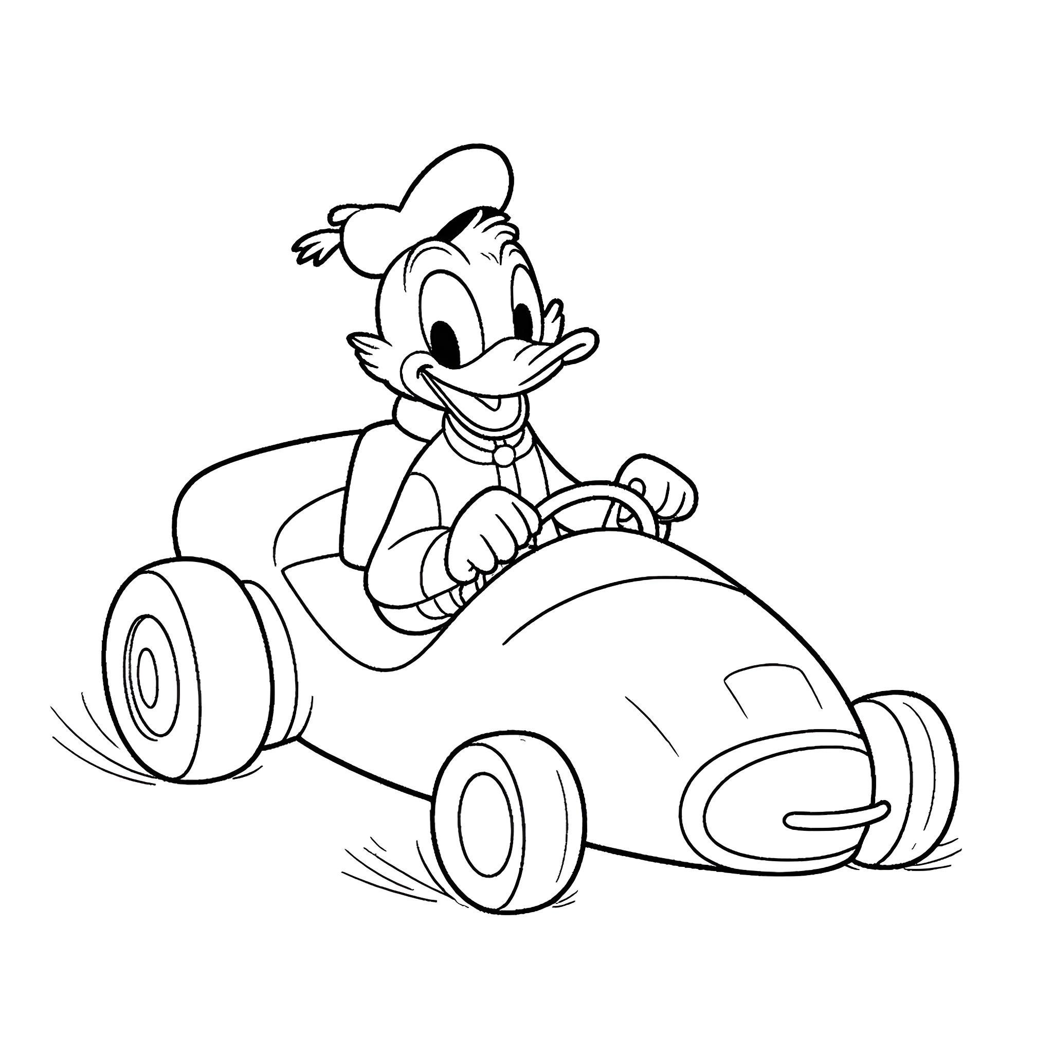Donald Duck driving a comical car Coloring Page (free black-and-white line drawing printable PDF for all, from beginners to advanced learners, including children, teens, adults, and seniors)
