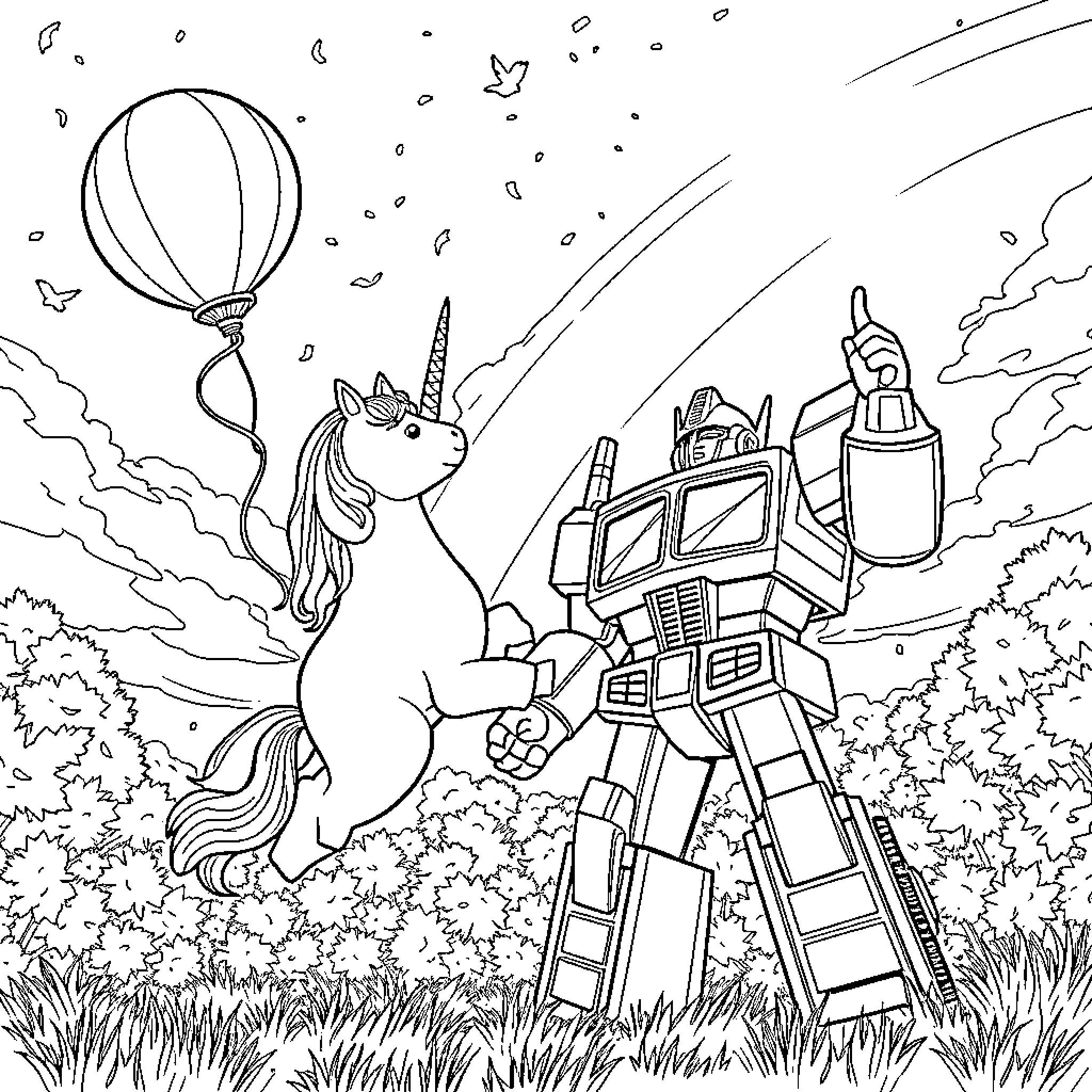 Unicorn riding a hot air balloon with a giant robot in the background Coloring Page (free black-and-white line drawing printable PDF for all, from beginners to advanced learners, including children, teens, adults, and seniors)