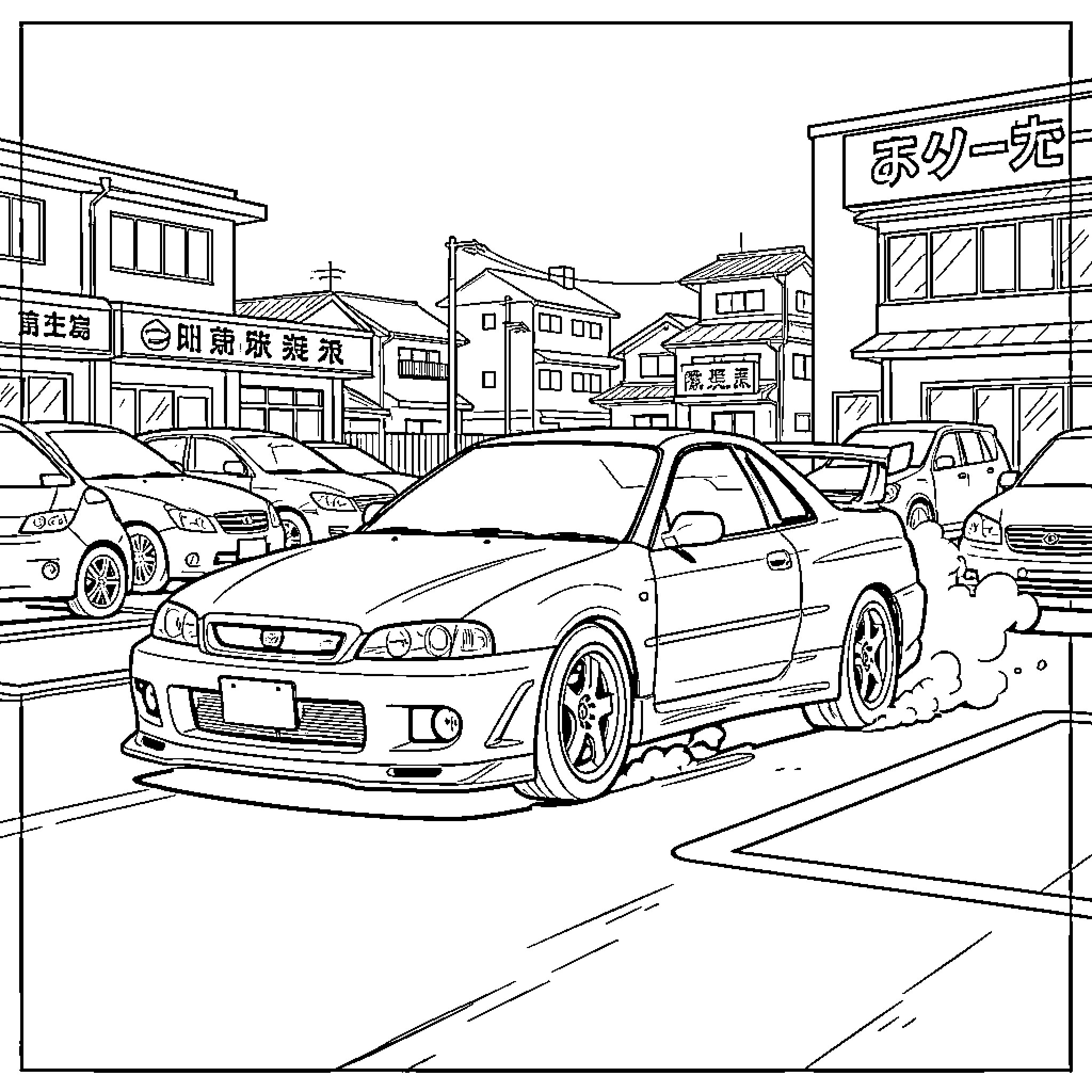 Skyline GT-R drifting through a busy city street Coloring Page (free black-and-white line drawing printable PDF for all, from beginners to advanced learners, including children, teens, adults, and seniors)