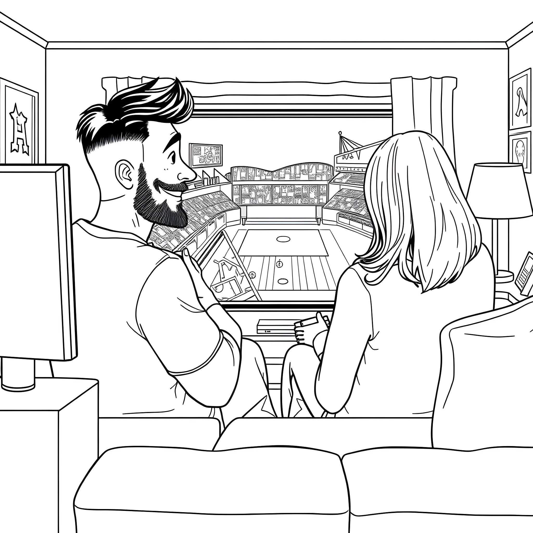 Husband and wife enjoying quality time together Coloring Page (free black-and-white line drawing printable PDF for all, from beginners to advanced learners, including children, teens, adults, and seniors)