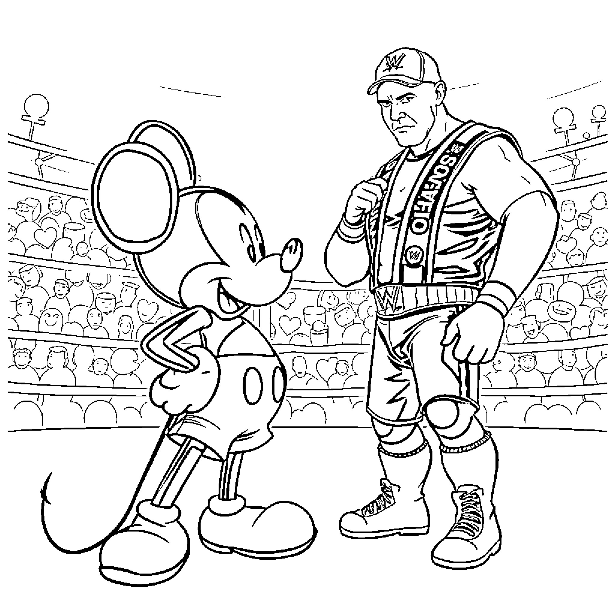 Mickey Mouse and the Baseball Player Coloring Page (free black-and-white line drawing printable PDF for all, from beginners to advanced learners, including children, teens, adults, and seniors)