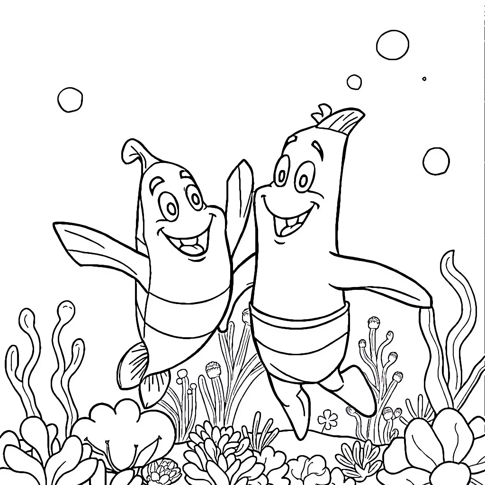 Bob l'éponge and his friend explore the underwater world Coloring Page (free black-and-white line drawing printable PDF for all, from beginners to advanced learners, including children, teens, adults, and seniors)