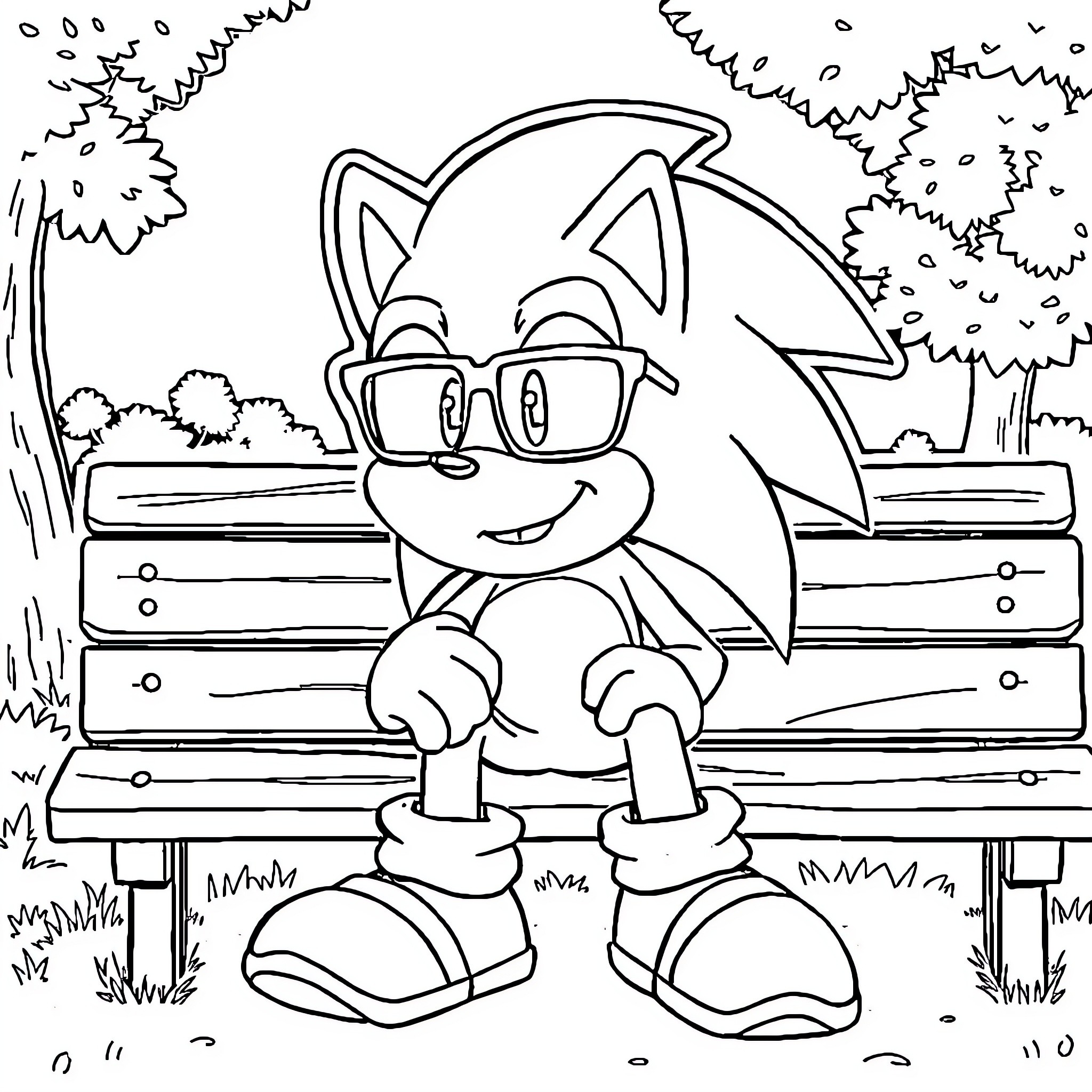 Sonic sitting on a bench in the park Coloring Page (free black-and-white line drawing printable PDF for all, from beginners to advanced learners, including children, teens, adults, and seniors)