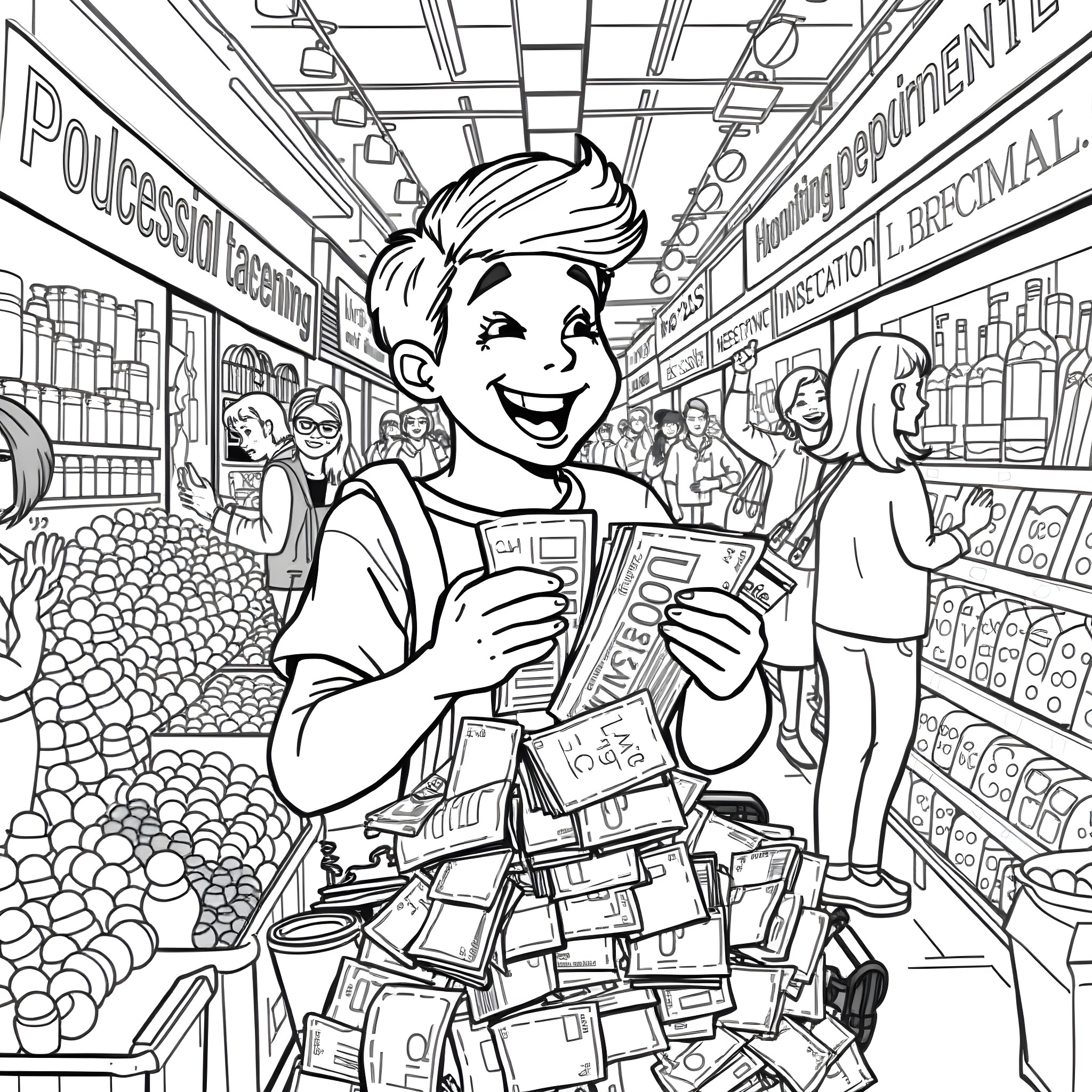 Shopping in a bustling supermarket Coloring Page (free black-and-white line drawing printable PDF for all, from beginners to advanced learners, including children, teens, adults, and seniors)