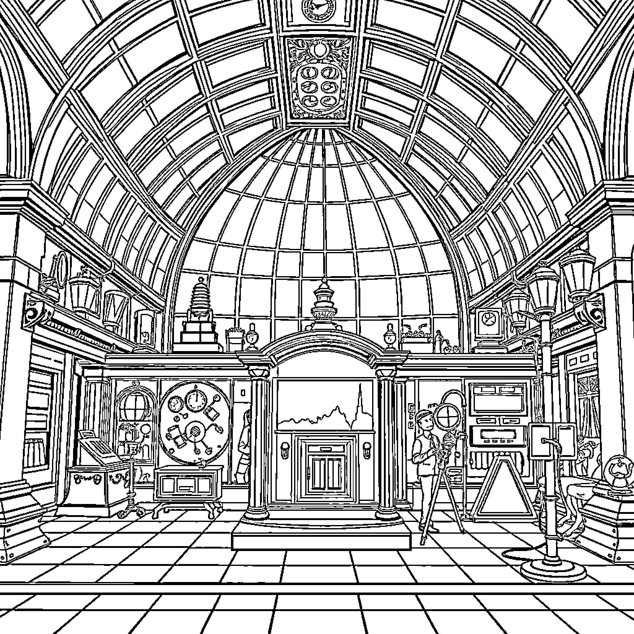 Artifact of Ornate Architectural Interior Coloring Page (free black-and-white line drawing printable PDF for all, from beginners to advanced learners, including children, teens, adults, and seniors)