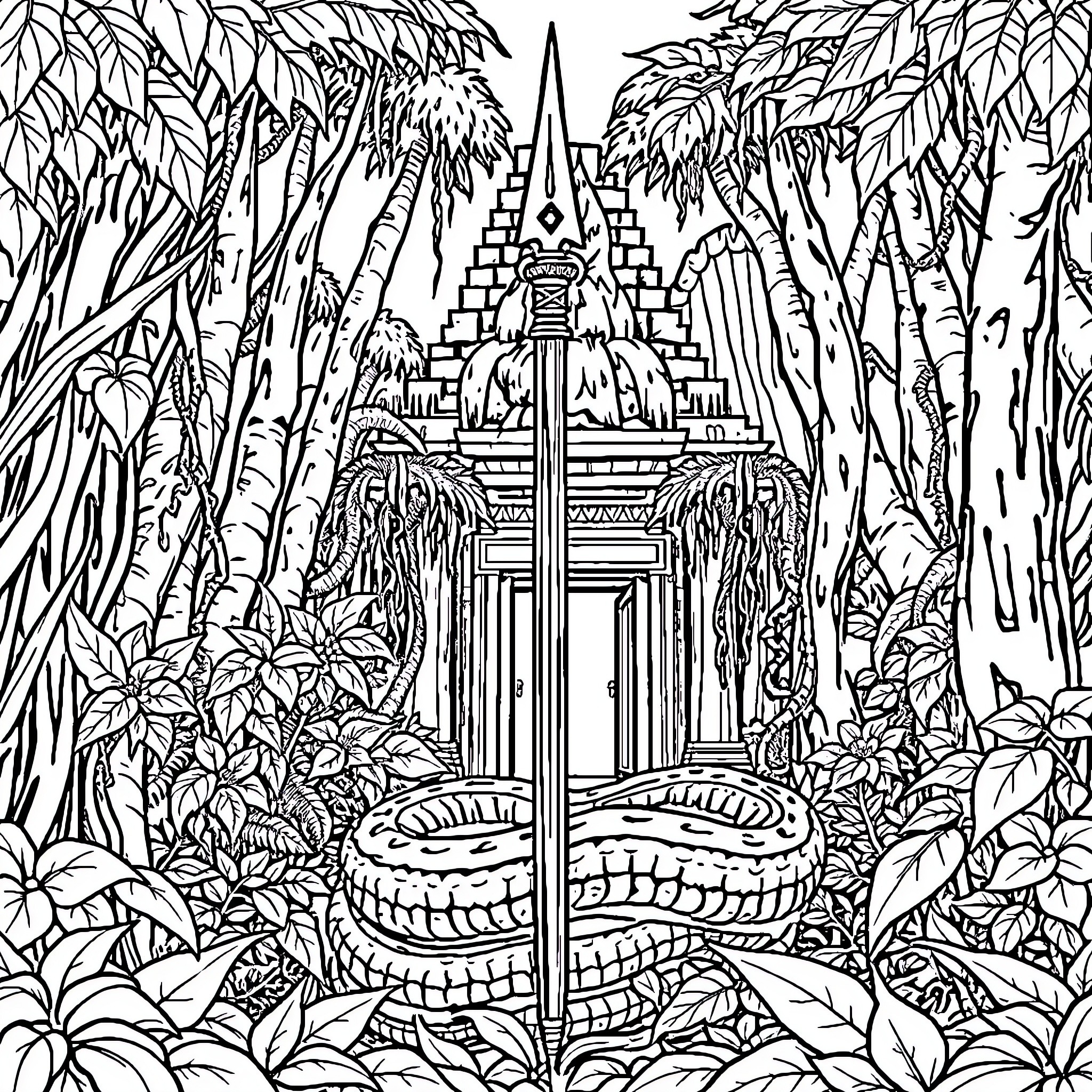 Viper's Enchanted Temple in Lush Jungle Coloring Page (free black-and-white line drawing printable PDF for all, from beginners to advanced learners, including children, teens, adults, and seniors)