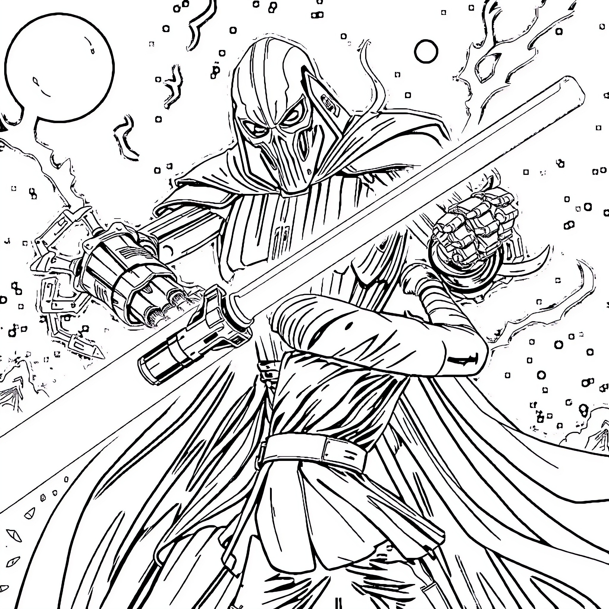 General Grievous' Powerful Lightsaber Assault Coloring Page (free black-and-white line drawing printable PDF for all, from beginners to advanced learners, including children, teens, adults, and seniors)