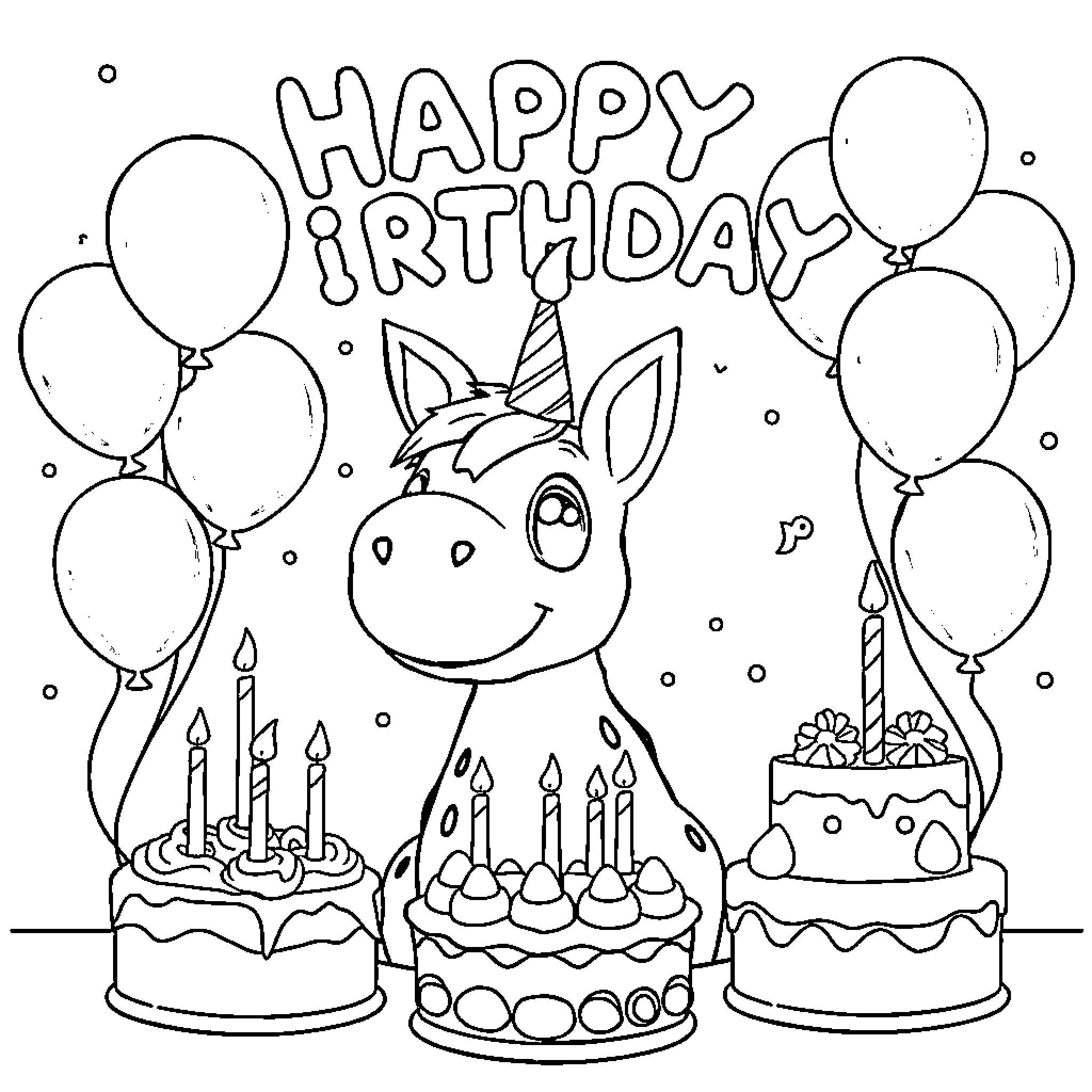 Huntrix's Happy Birthday Celebration Coloring Page (free black-and-white line drawing printable PDF for all, from beginners to advanced learners, including children, teens, adults, and seniors)