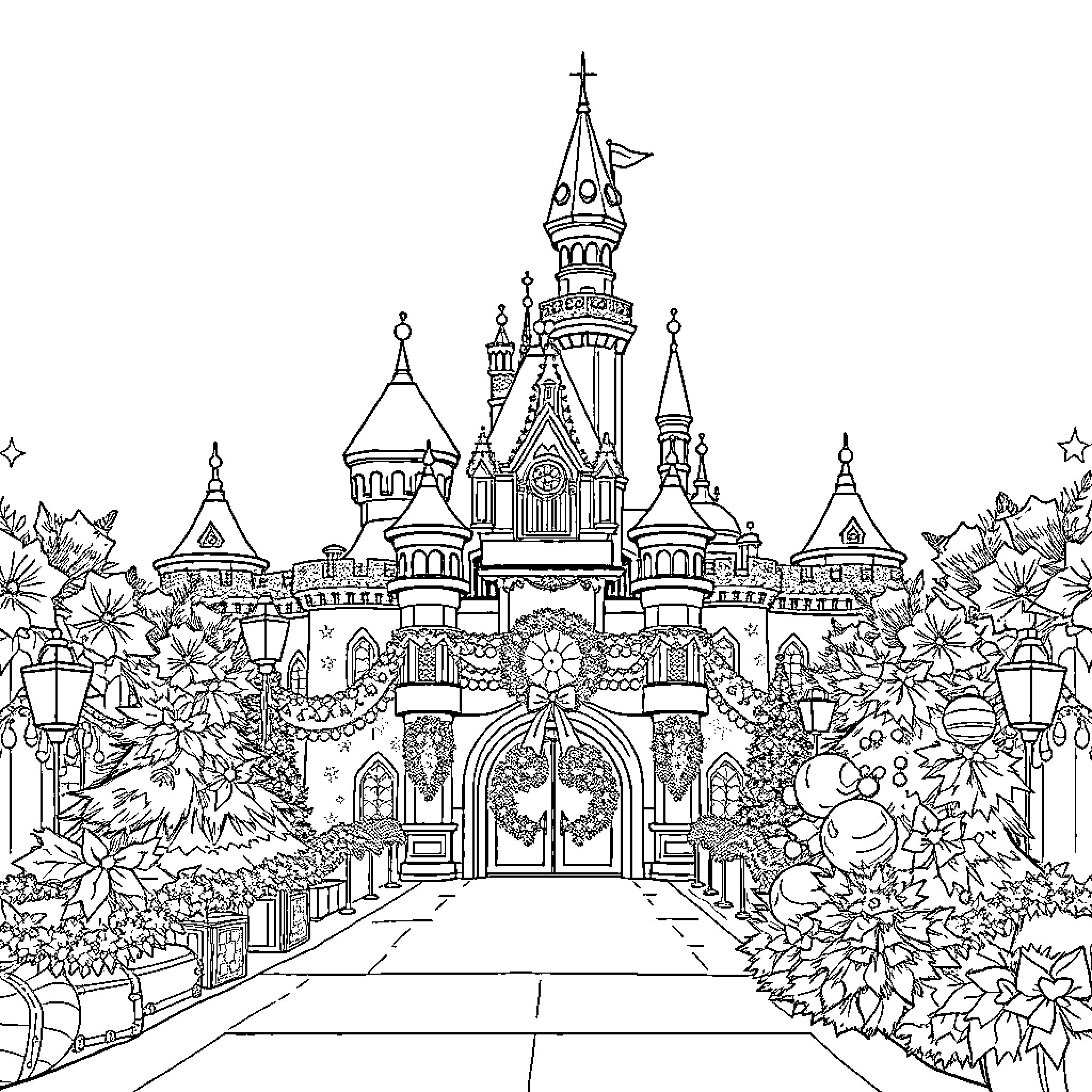 Disneyland castle surrounded by decorative holiday scenery Coloring Page (free black-and-white line drawing printable PDF for all, from beginners to advanced learners, including children, teens, adults, and seniors)