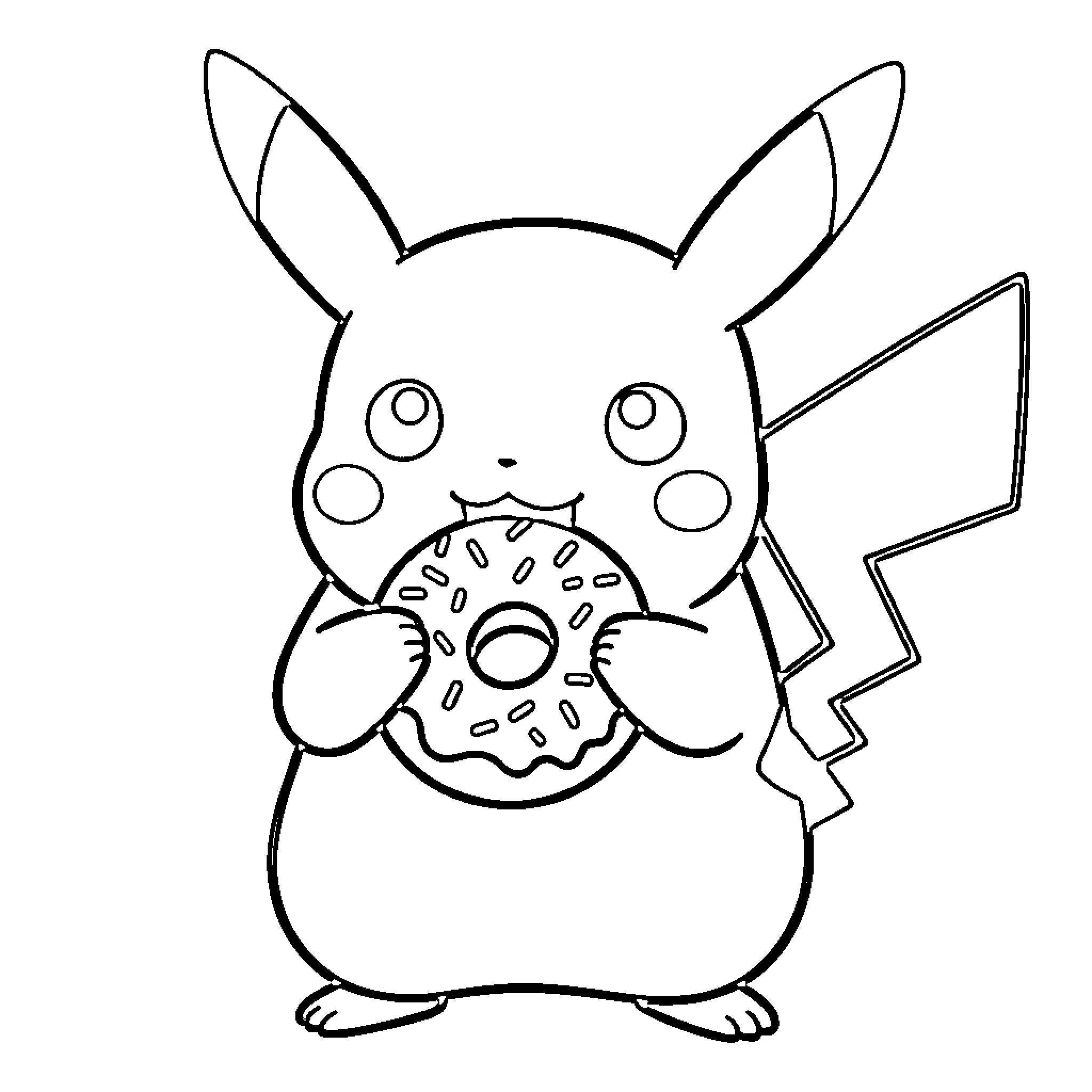 Pikachu happily eating a delicious donut Coloring Page (free black-and-white line drawing printable PDF for all, from beginners to advanced learners, including children, teens, adults, and seniors)