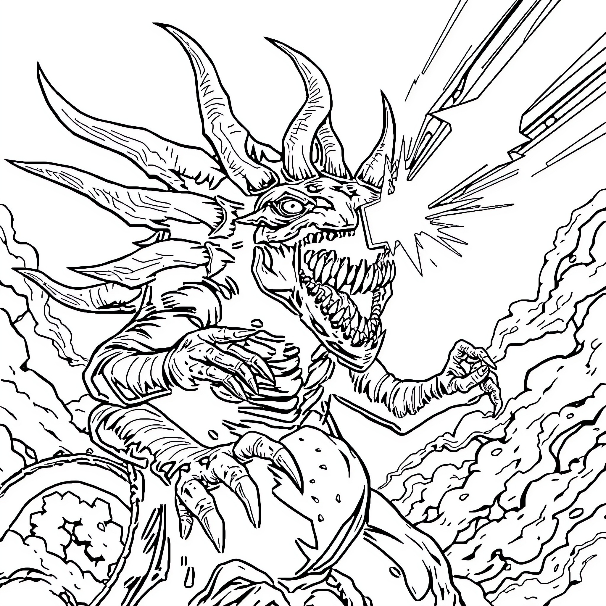 Monster Unleashing Fury with Monstrous Appearance Coloring Page (free black-and-white line drawing printable PDF for all, from beginners to advanced learners, including children, teens, adults, and seniors)
