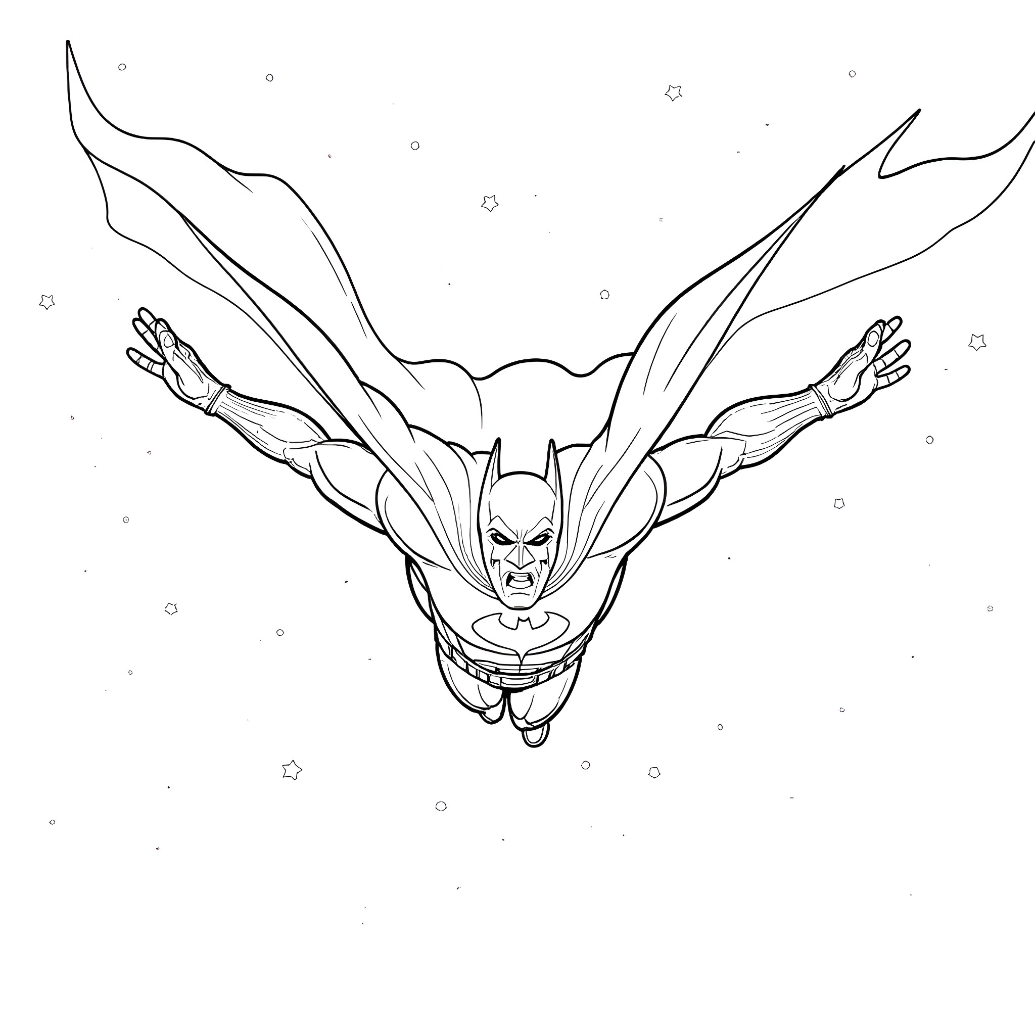 Batman soaring through the night sky Coloring Page (free black-and-white line drawing printable PDF for all, from beginners to advanced learners, including children, teens, adults, and seniors)