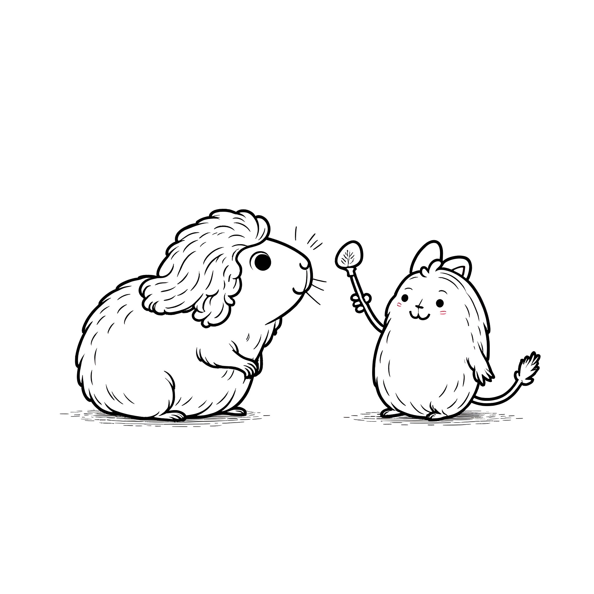 Guinea Pigs Playing Happily with Toys Coloring Page (free black-and-white line drawing printable PDF for all, from beginners to advanced learners, including children, teens, adults, and seniors)