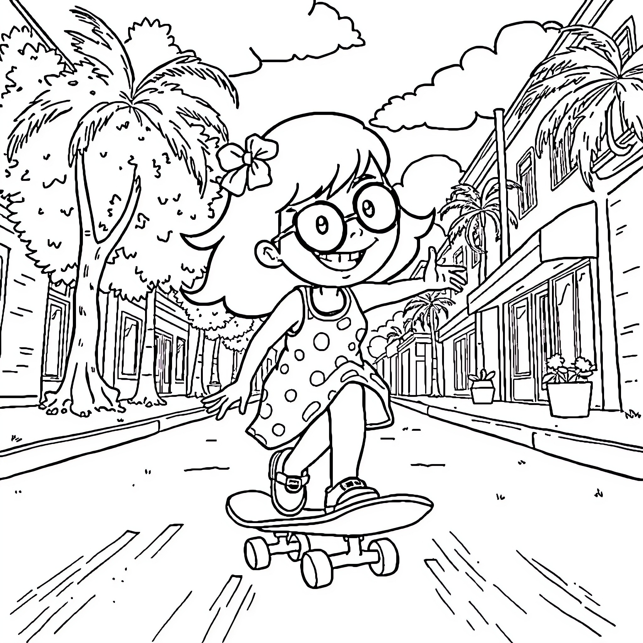 Tina's Skateboarding Adventure in the Tropical Town Coloring Page (free black-and-white line drawing printable PDF for all, from beginners to advanced learners, including children, teens, adults, and seniors)