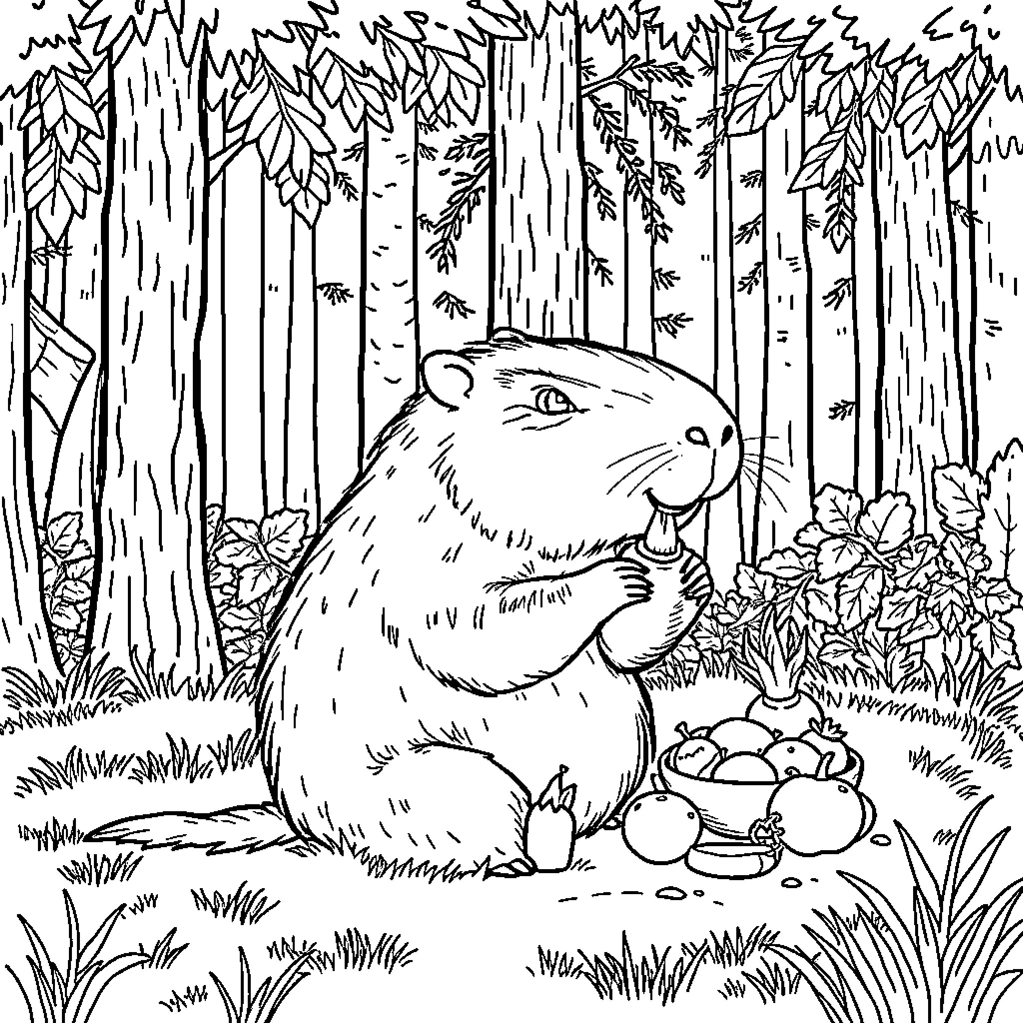 Capybara enjoying a peaceful forest scene Coloring Page (free black-and-white line drawing printable PDF for all, from beginners to advanced learners, including children, teens, adults, and seniors)
