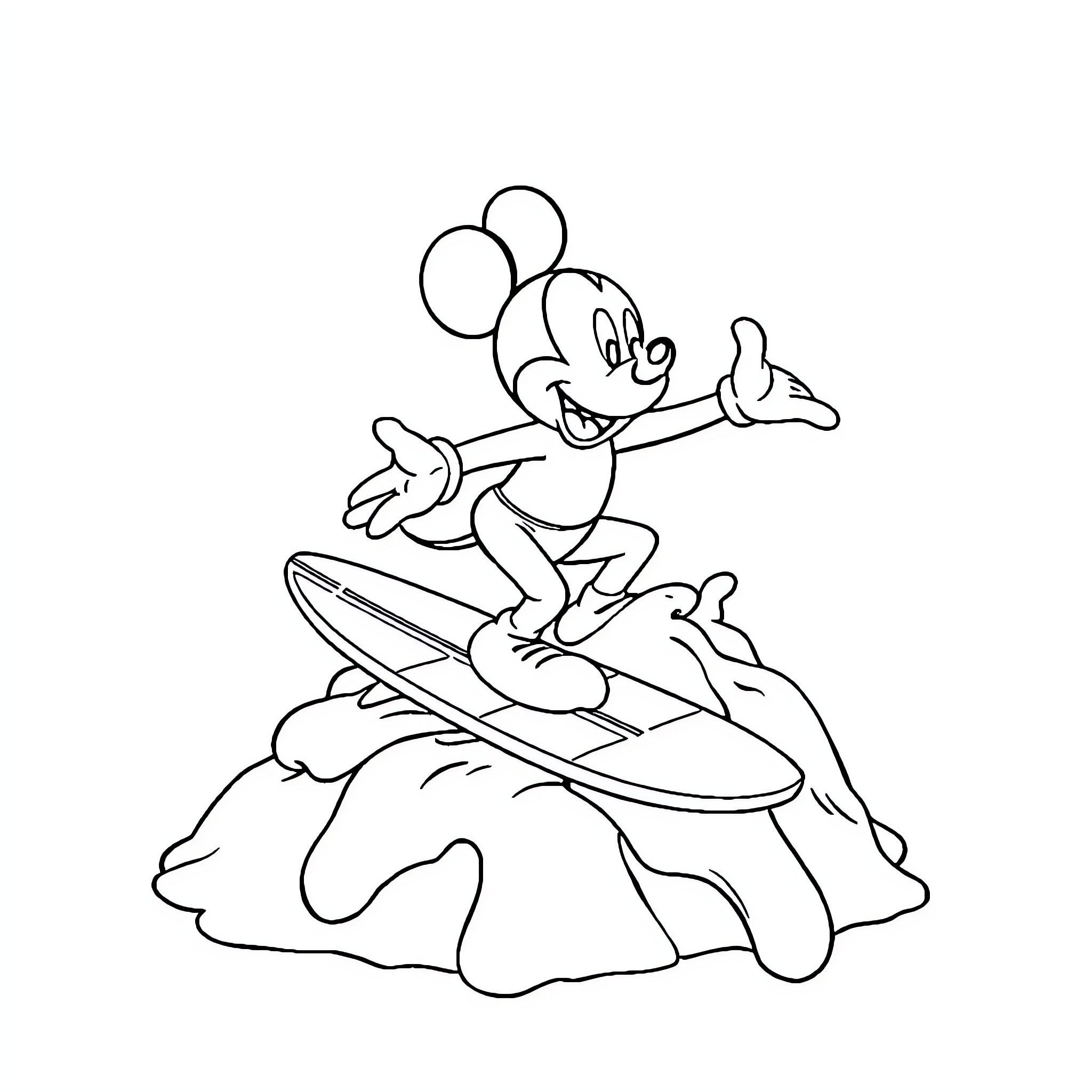 Mickey Mouse surfing on a wave Coloring Page (free black-and-white line drawing printable PDF for all, from beginners to advanced learners, including children, teens, adults, and seniors)