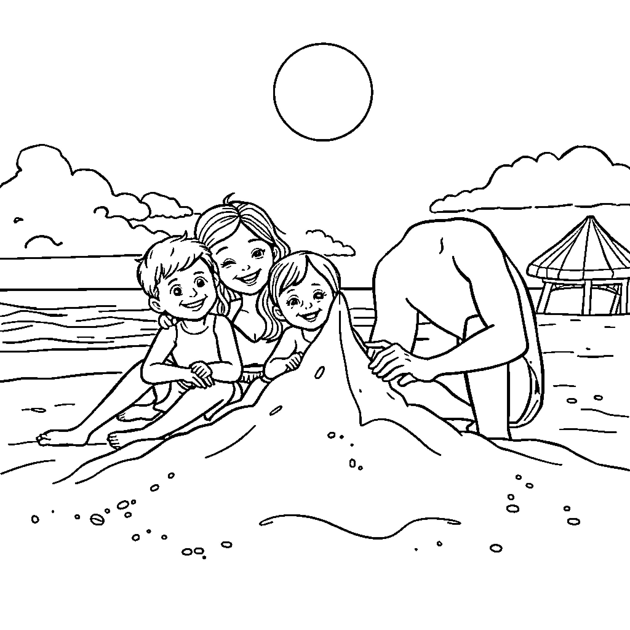 Family enjoying a day at the beach Coloring Page (free black-and-white line drawing printable PDF for all, from beginners to advanced learners, including children, teens, adults, and seniors)