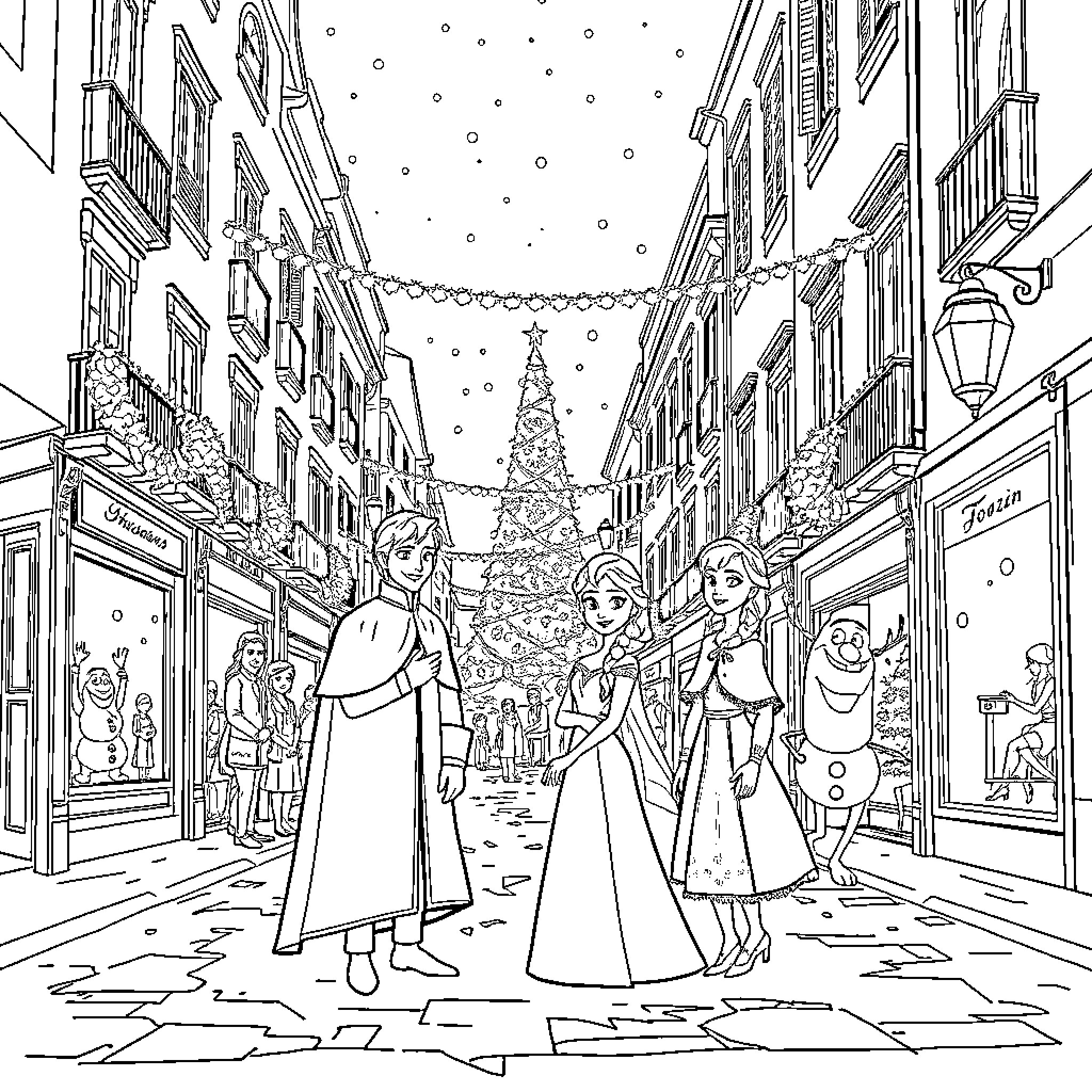 Frozen characters enjoying a snowy city street Coloring Page (free black-and-white line drawing printable PDF for all, from beginners to advanced learners, including children, teens, adults, and seniors)