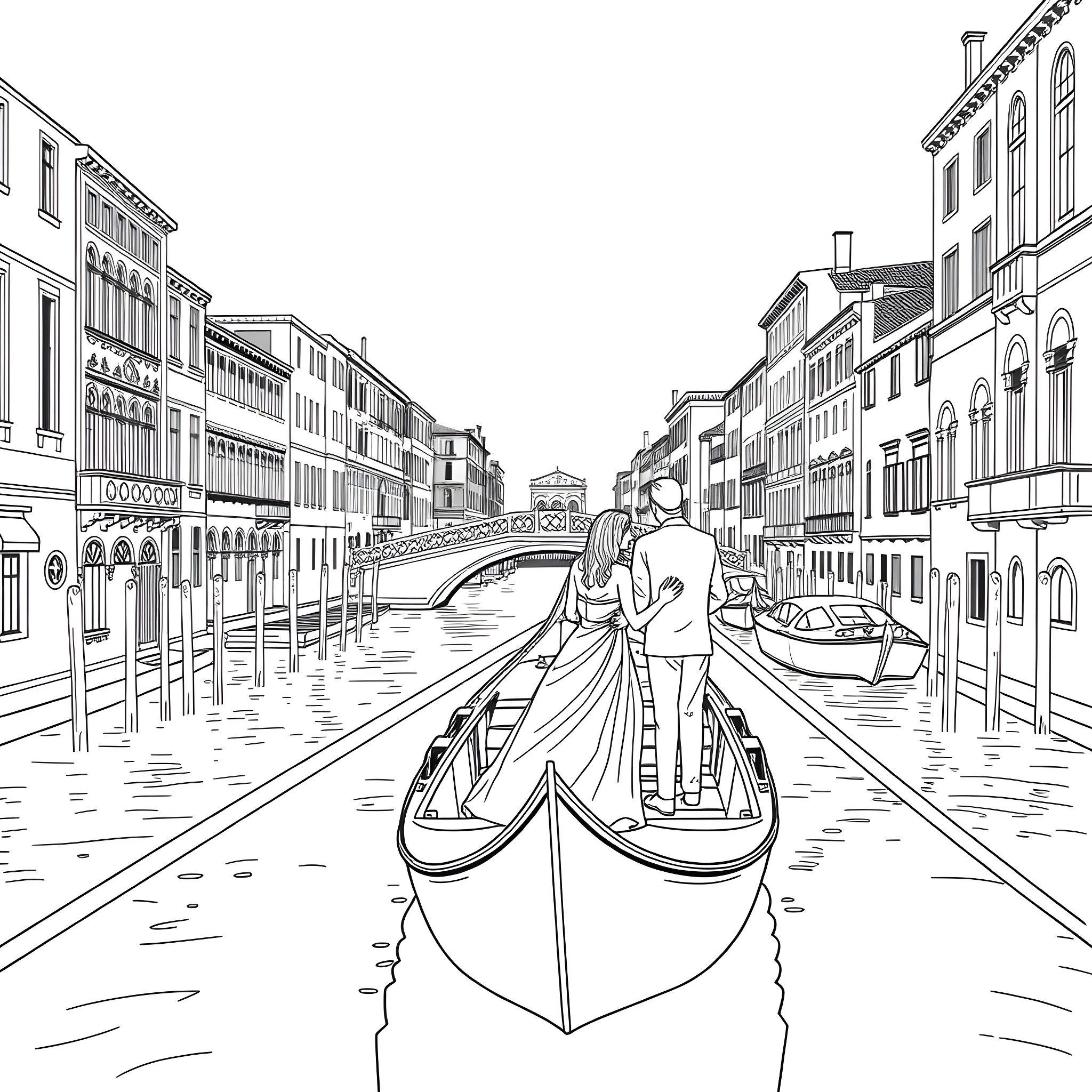 Romance on the Venetian Waterways Coloring Page (free black-and-white line drawing printable PDF for all, from beginners to advanced learners, including children, teens, adults, and seniors)