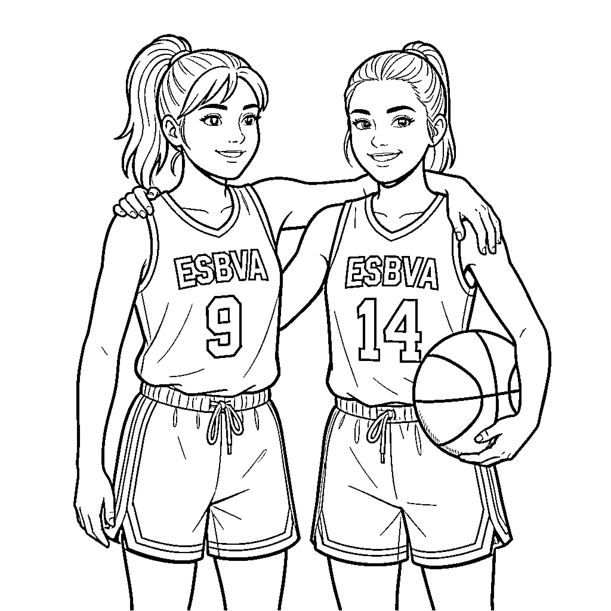 Basketball Player teammates posing together with a basketball Coloring Page (free black-and-white line drawing printable PDF for all, from beginners to advanced learners, including children, teens, adults, and seniors)