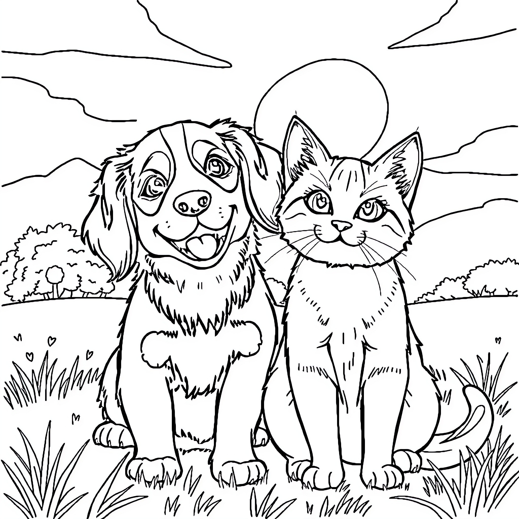 Dog and cat playing happily in the field Coloring Page (free black-and-white line drawing printable PDF for all, from beginners to advanced learners, including children, teens, adults, and seniors)