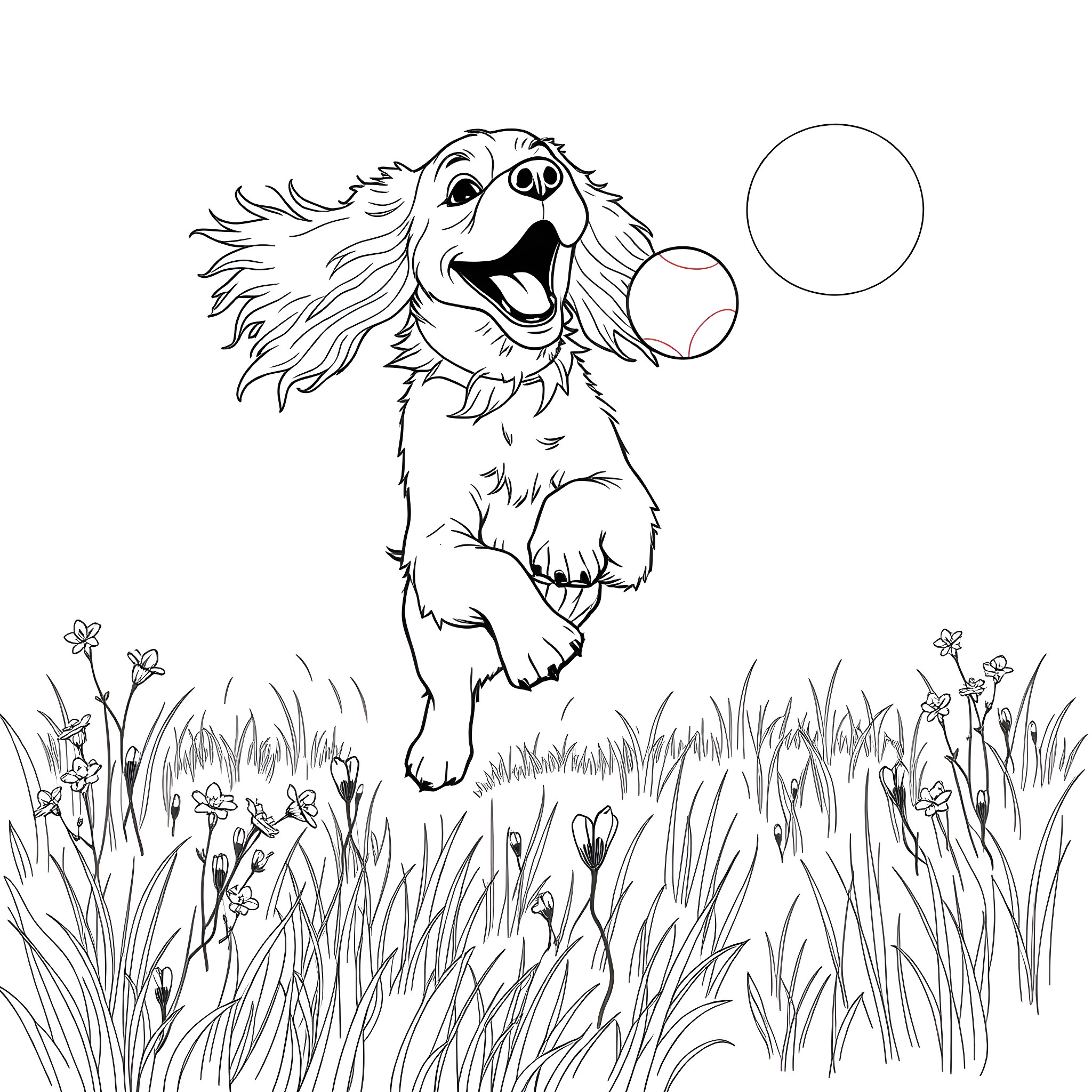 Cocker Spaniel Happily Chasing Bubbles in the Meadow Coloring Page (free black-and-white line drawing printable PDF for all, from beginners to advanced learners, including children, teens, adults, and seniors)