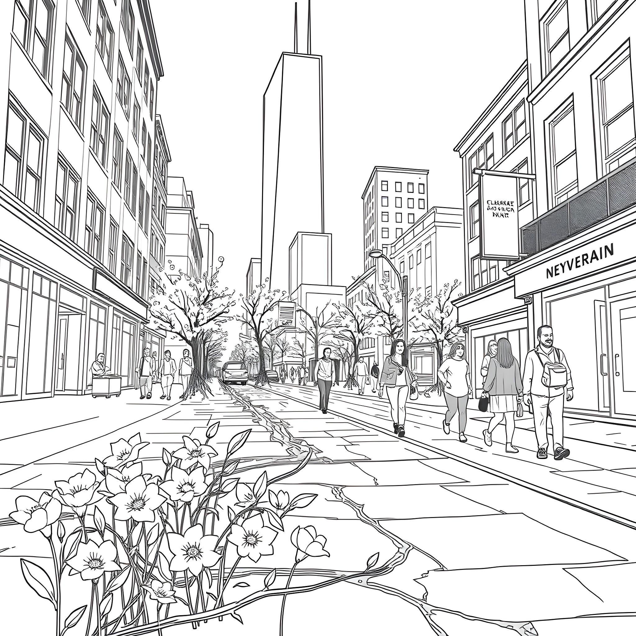 Flower garden in the city streets Coloring Page (free black-and-white line drawing printable PDF for all, from beginners to advanced learners, including children, teens, adults, and seniors)