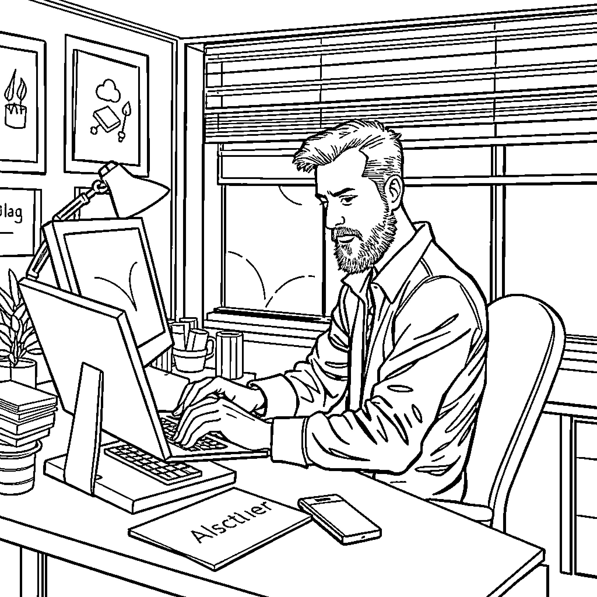 Comptable working diligently at desk in office Coloring Page (free black-and-white line drawing printable PDF for all, from beginners to advanced learners, including children, teens, adults, and seniors)