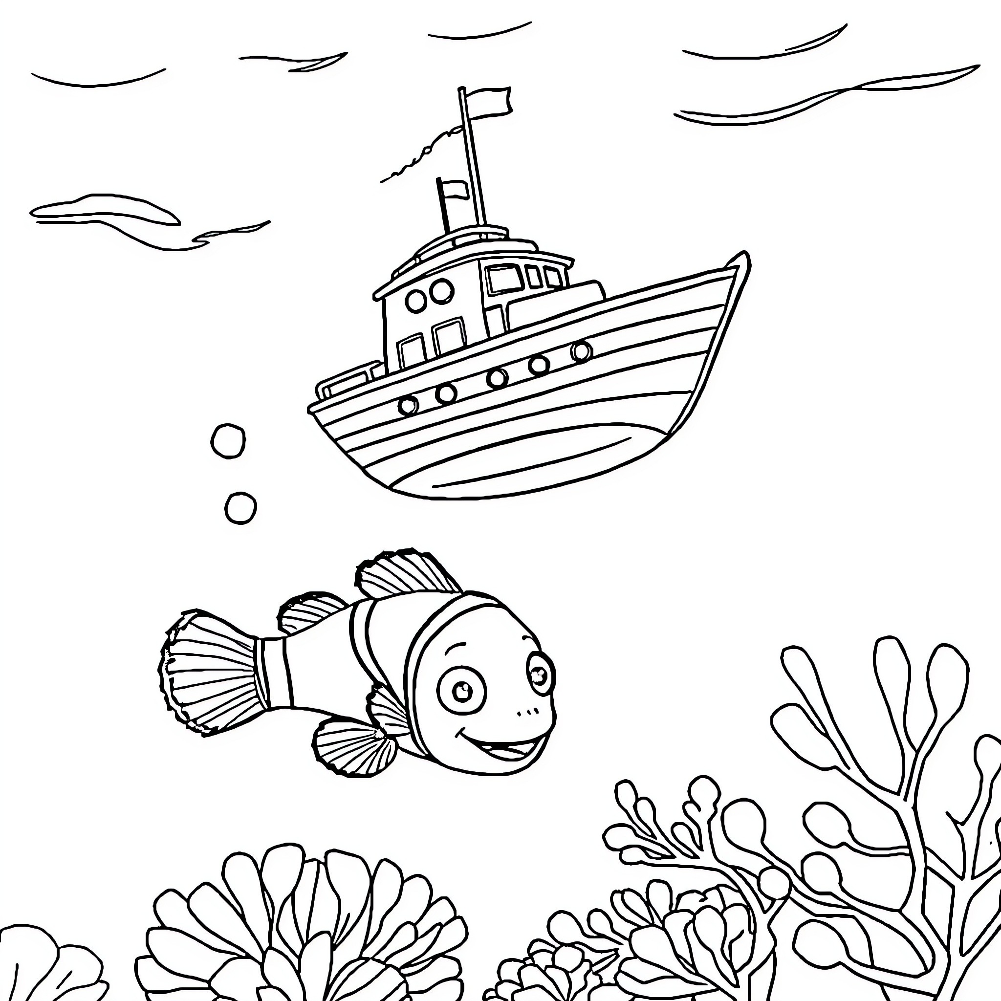 Nemo and the Friendly Submarine Adventure Coloring Page (free black-and-white line drawing printable PDF for all, from beginners to advanced learners, including children, teens, adults, and seniors)