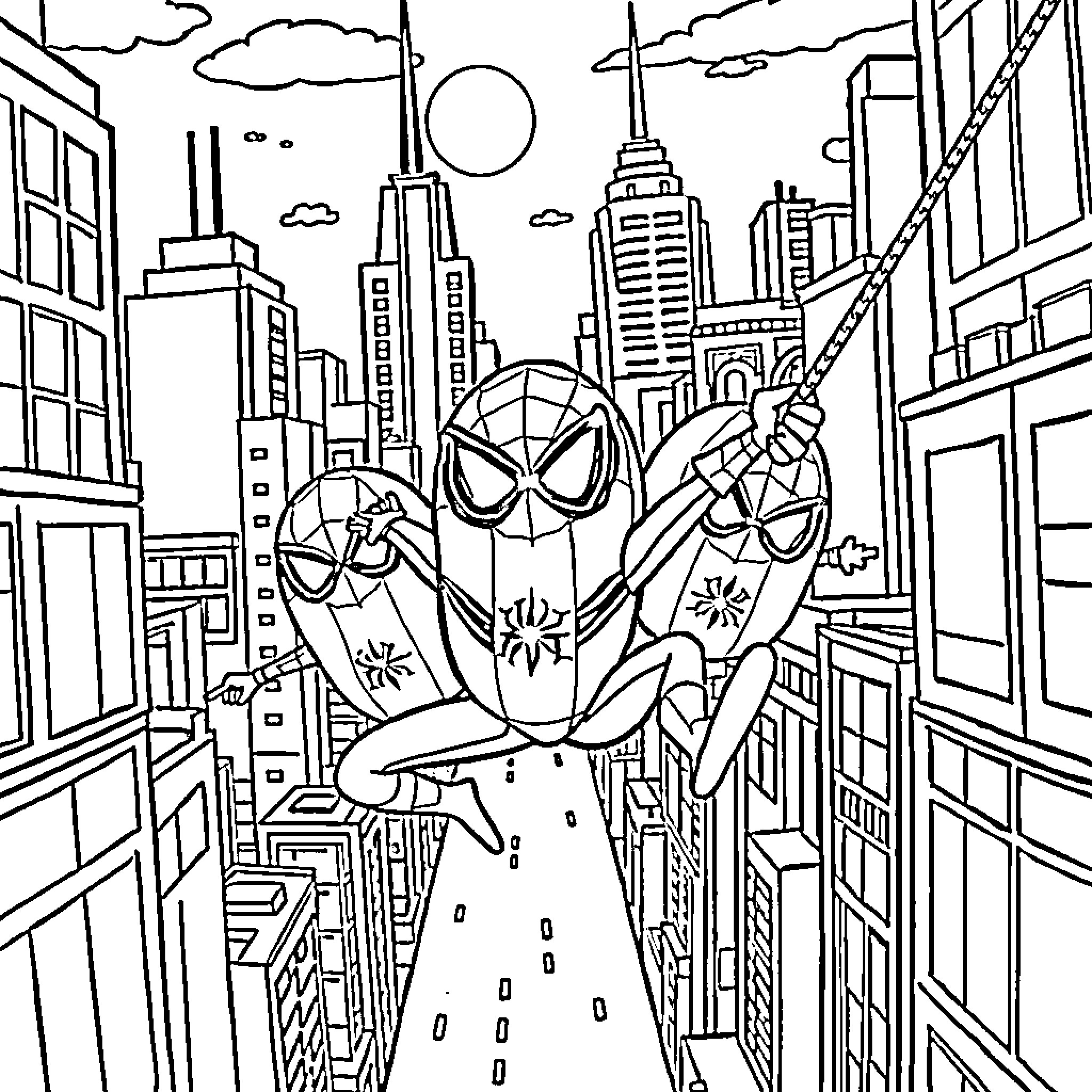 Coco Melon Superhero Swinging Through the City Coloring Page (free black-and-white line drawing printable PDF for all, from beginners to advanced learners, including children, teens, adults, and seniors)