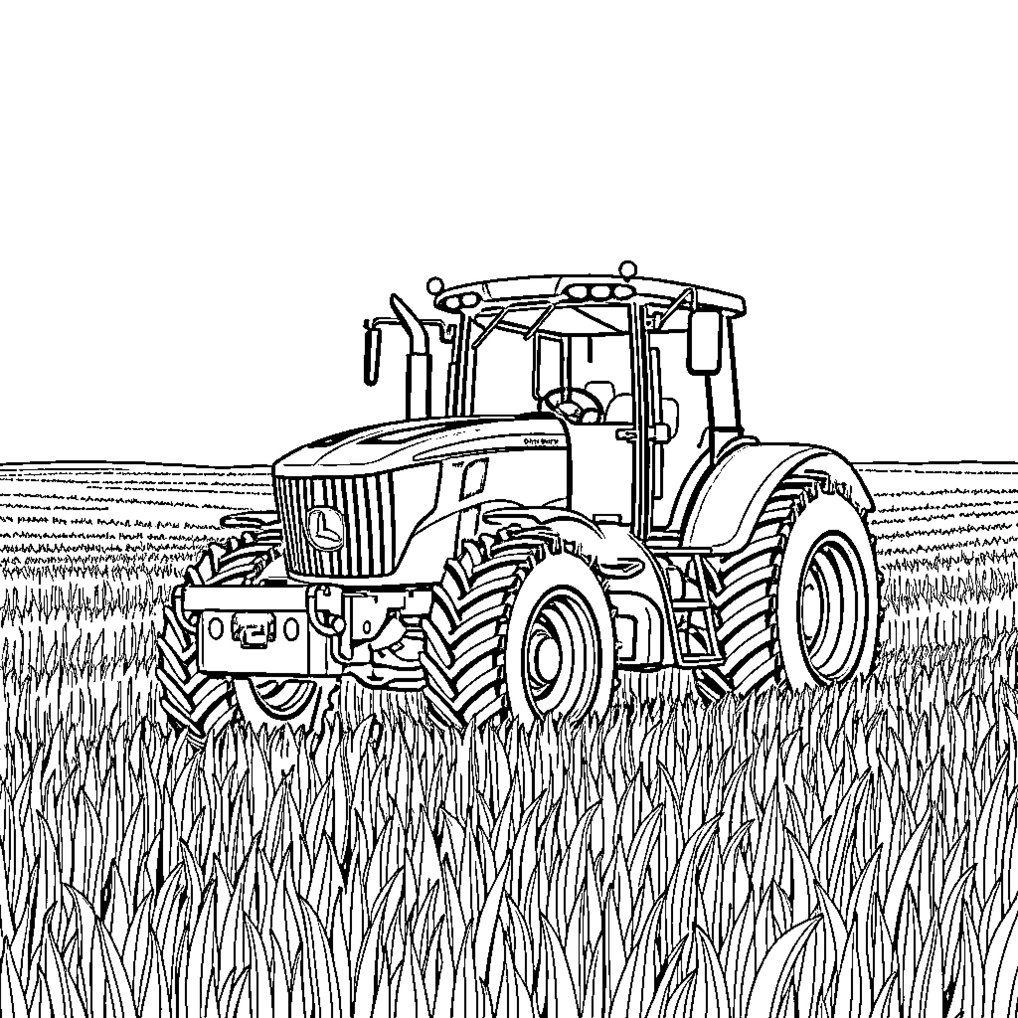 Tractor plowing through a field of tall grass Coloring Page (free black-and-white line drawing printable PDF for all, from beginners to advanced learners, including children, teens, adults, and seniors)