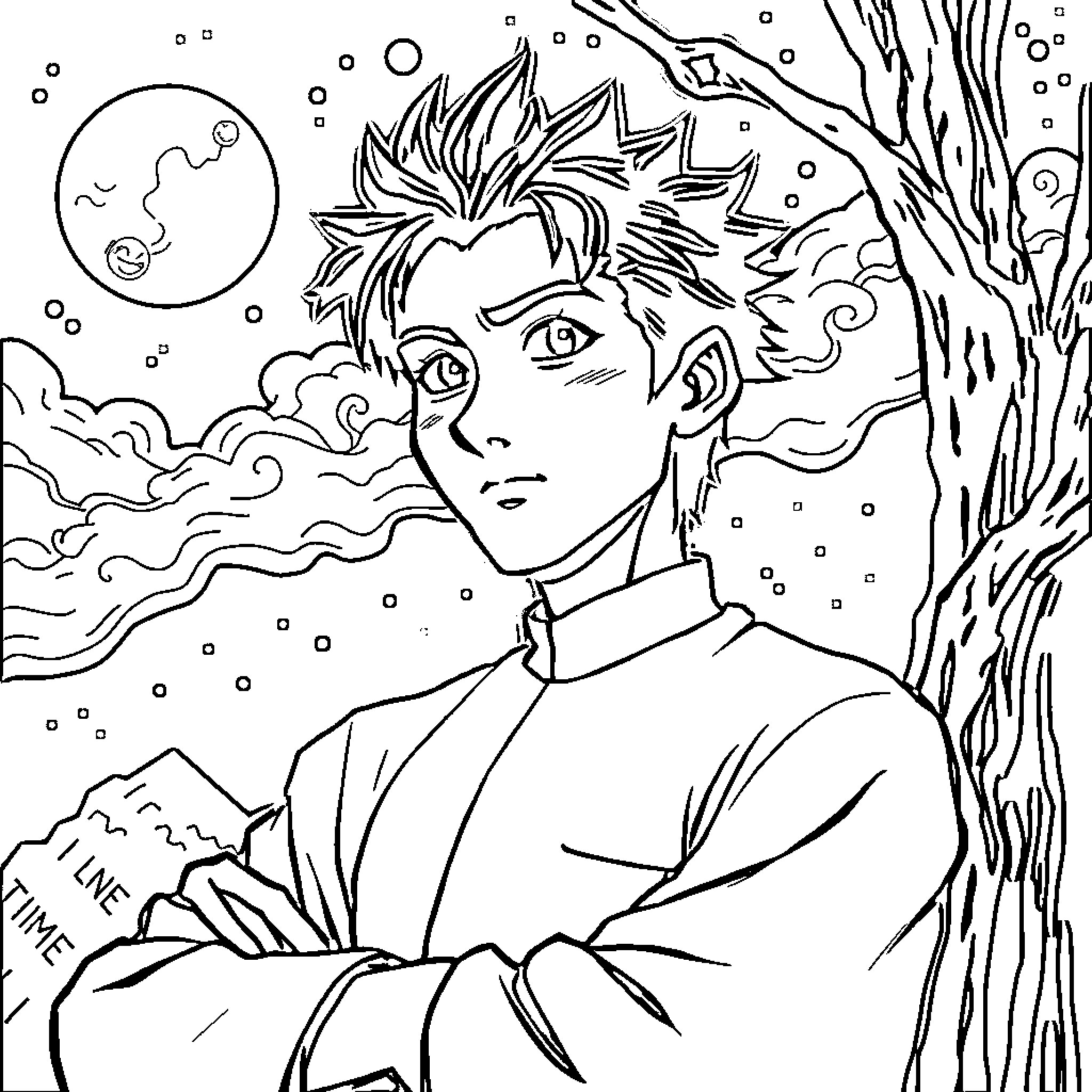 Tsumie's pensive gaze in a whimsical winter landscape Coloring Page (free black-and-white line drawing printable PDF for all, from beginners to advanced learners, including children, teens, adults, and seniors)