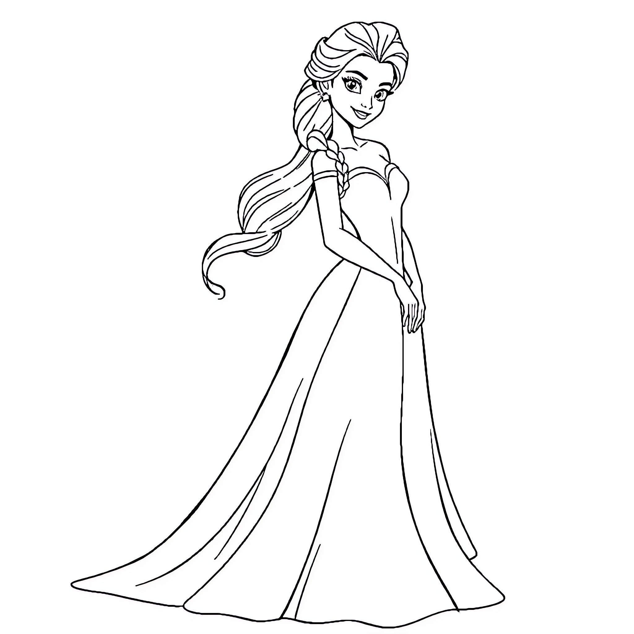 Princess Elsa in a flowing gown with long hair Coloring Page (free black-and-white line drawing printable PDF for all, from beginners to advanced learners, including children, teens, adults, and seniors)