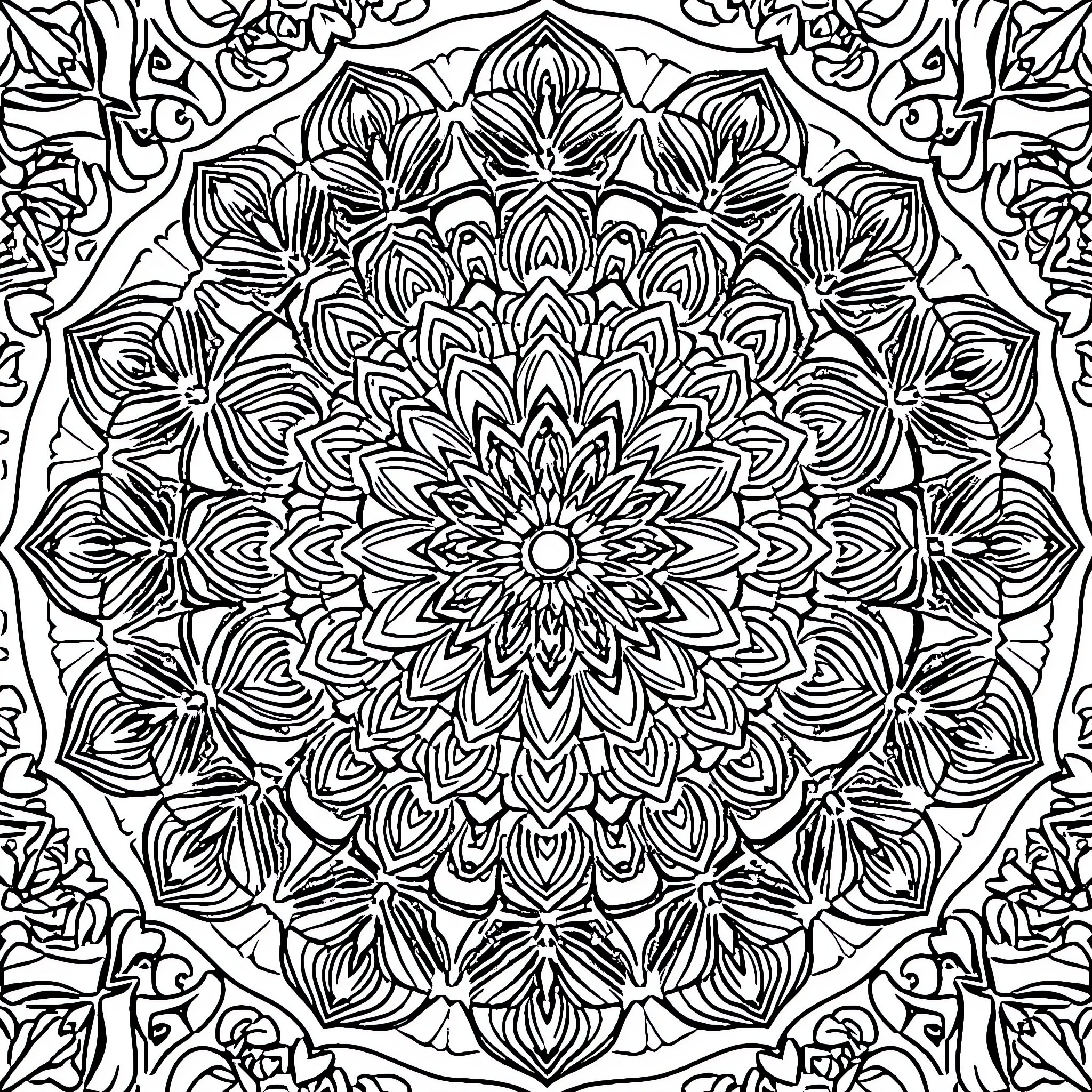 Mandala of Intricate Floral Patterns Coloring Page (free black-and-white line drawing printable PDF for all, from beginners to advanced learners, including children, teens, adults, and seniors)