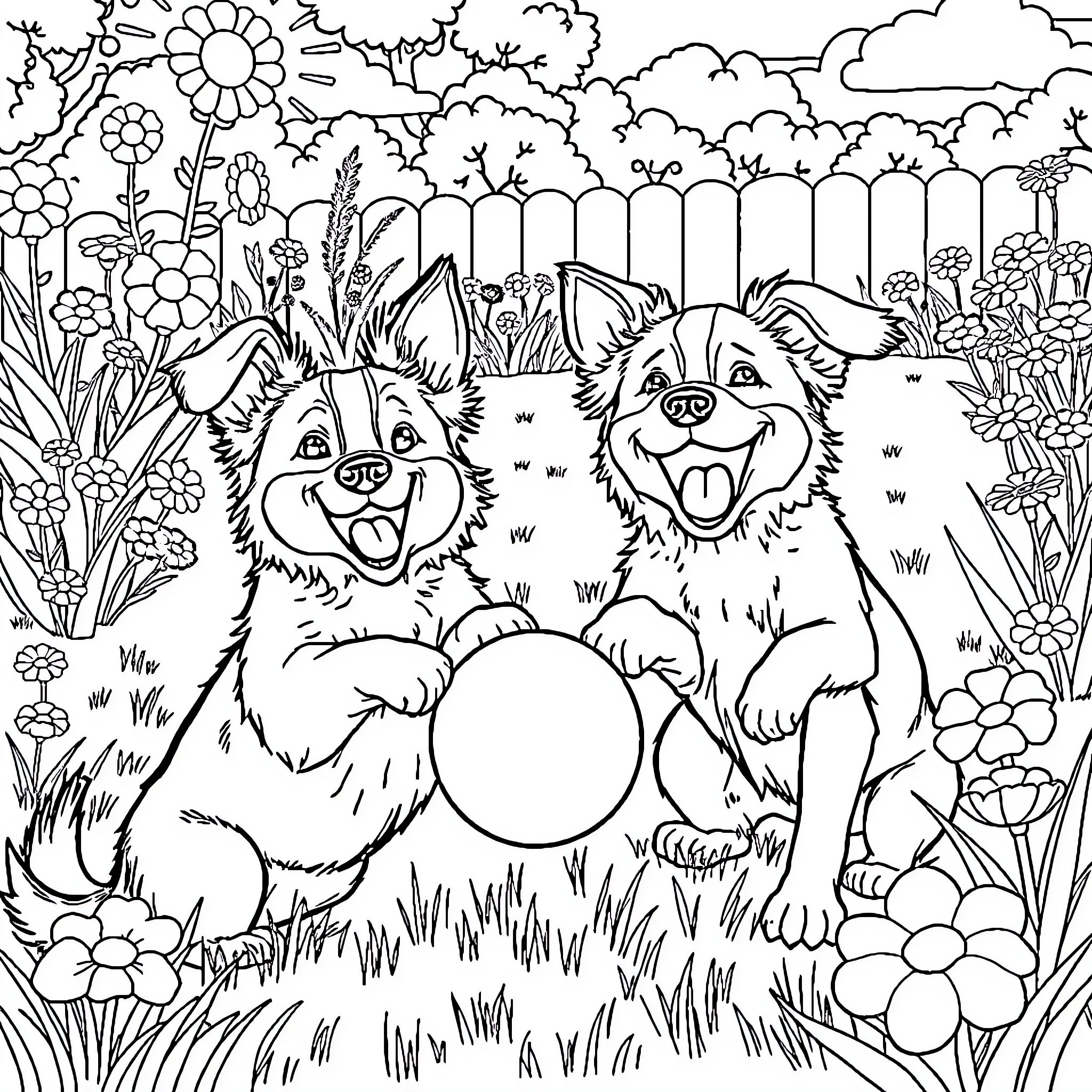 Dog friends playing joyfully in the garden Coloring Page (free black-and-white line drawing printable PDF for all, from beginners to advanced learners, including children, teens, adults, and seniors)