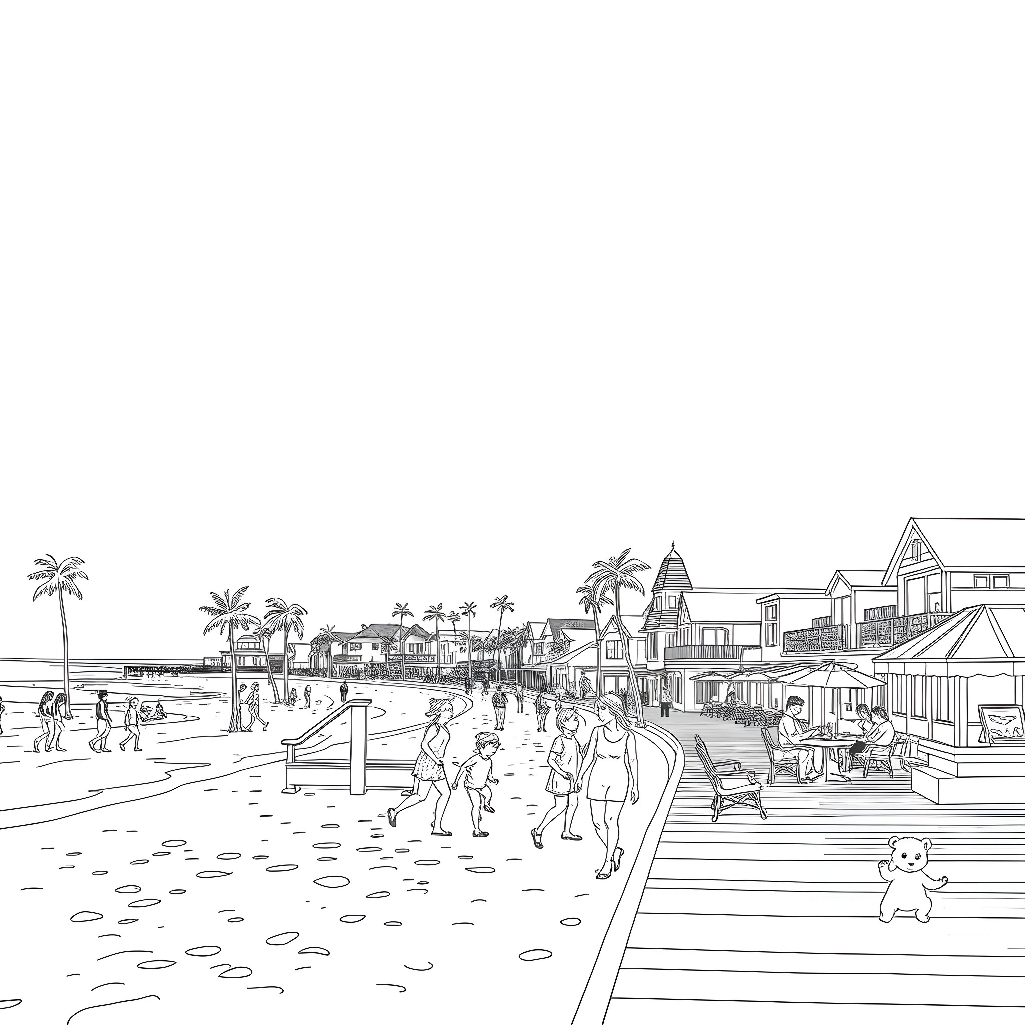 Long Island coastal town with people walking on boardwalk Coloring Page (free black-and-white line drawing printable PDF for all, from beginners to advanced learners, including children, teens, adults, and seniors)