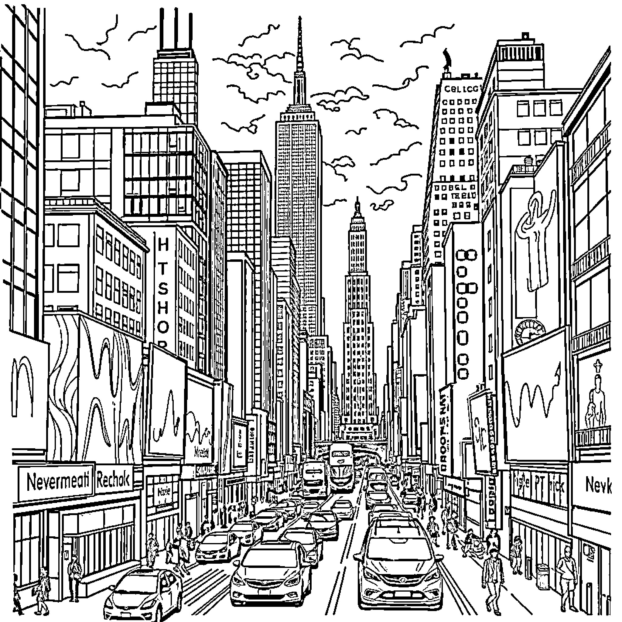 New York City Bustling Metropolis Cityscape Coloring Page (free black-and-white line drawing printable PDF for all, from beginners to advanced learners, including children, teens, adults, and seniors)