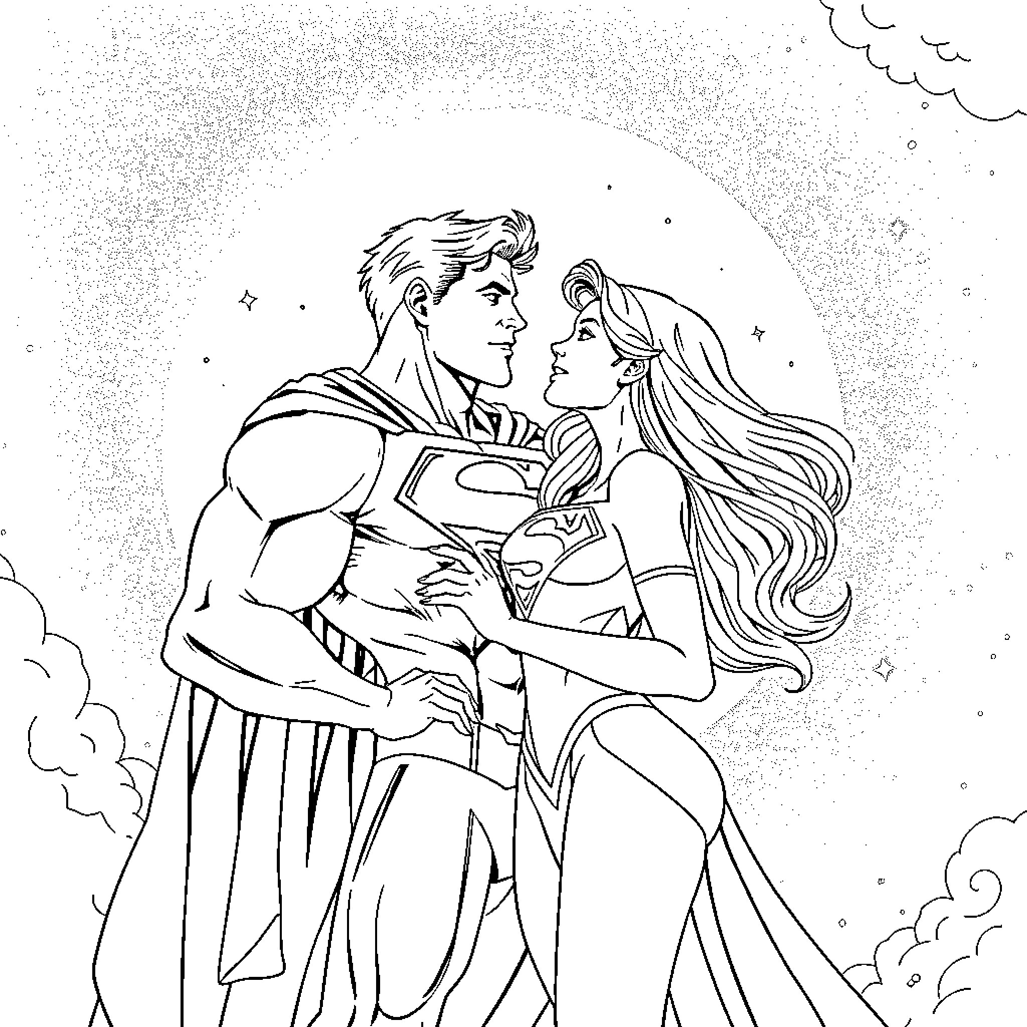 Superman and Superwoman in a loving embrace Coloring Page (free black-and-white line drawing printable PDF for all, from beginners to advanced learners, including children, teens, adults, and seniors)