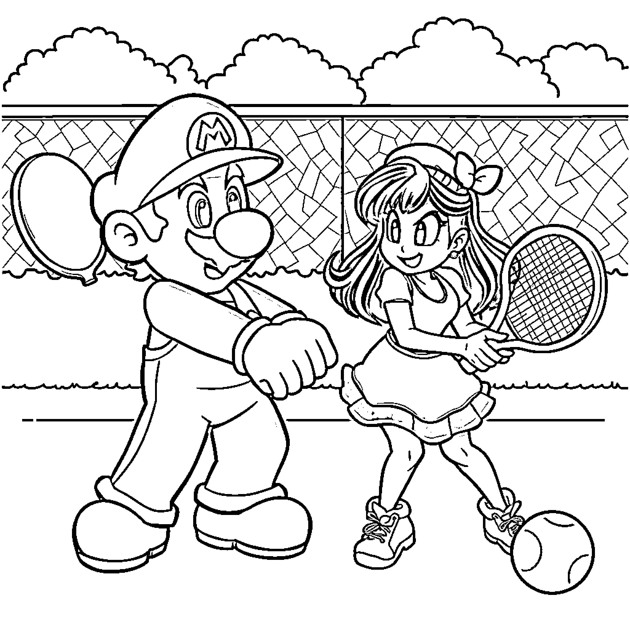 Super Mario and Peach Playing Tennis Coloring Page (free black-and-white line drawing printable PDF for all, from beginners to advanced learners, including children, teens, adults, and seniors)