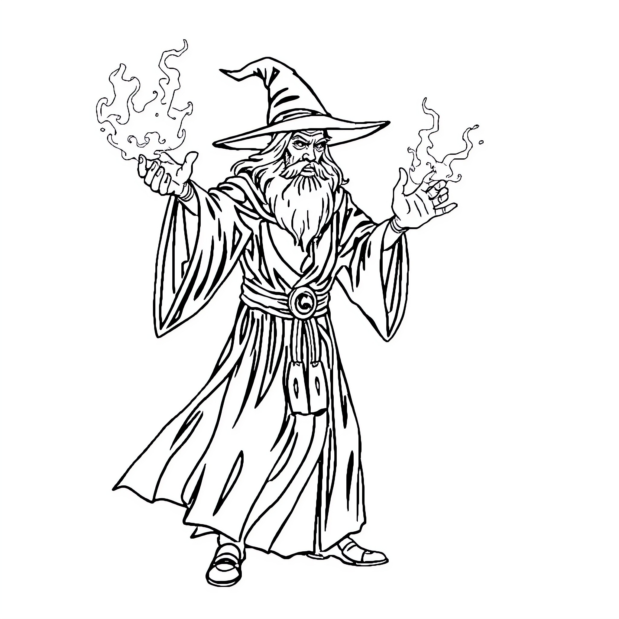 Wizard casting magical spell with flowing robes Coloring Page (free black-and-white line drawing printable PDF for all, from beginners to advanced learners, including children, teens, adults, and seniors)