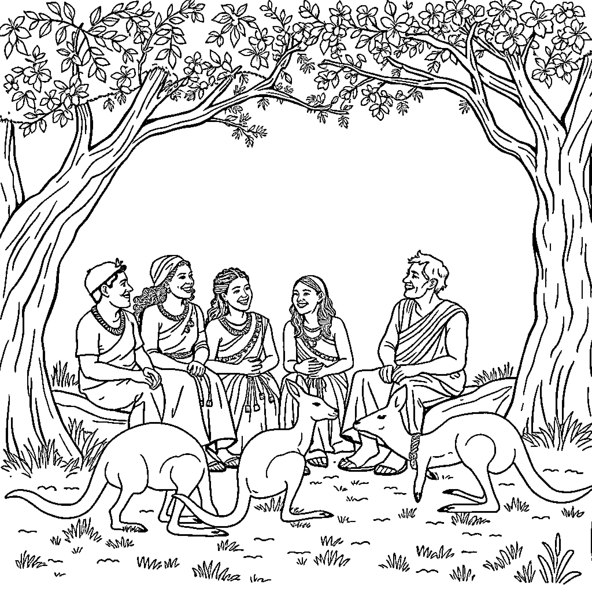 Kangaroos watching a group of people in a natural setting Coloring Page (free black-and-white line drawing printable PDF for all, from beginners to advanced learners, including children, teens, adults, and seniors)