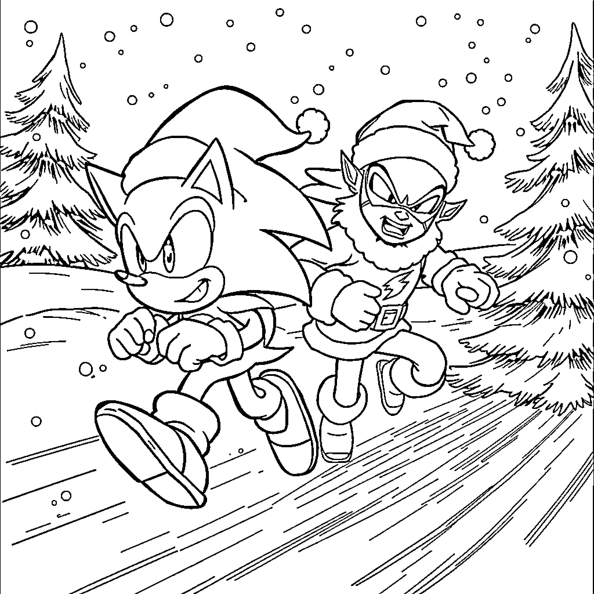 Sonic characters playing in a winter wonderland Coloring Page (free black-and-white line drawing printable PDF for all, from beginners to advanced learners, including children, teens, adults, and seniors)